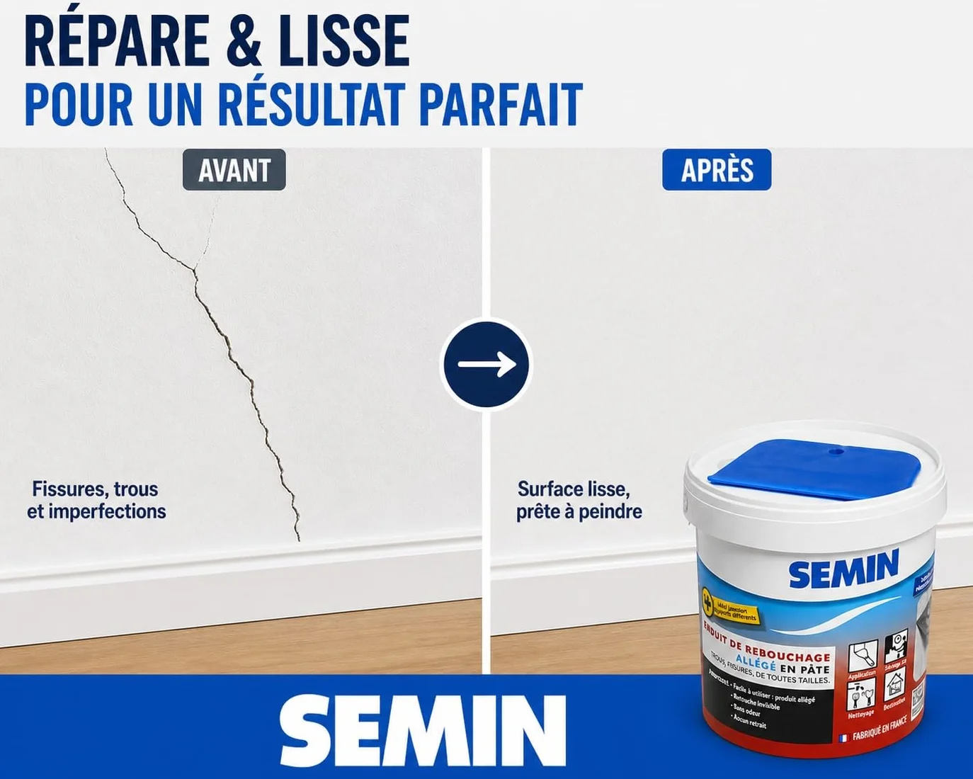 Semin SEM-LIGHT Enduit de Rebouchage Allégé 1 L – Ultra Léger, Sans Retrait & Séchage Rapide – Réparation Trous & Fissures – Intérieur Murs & Plafonds – Blanc Mat – Spatule Intégrée