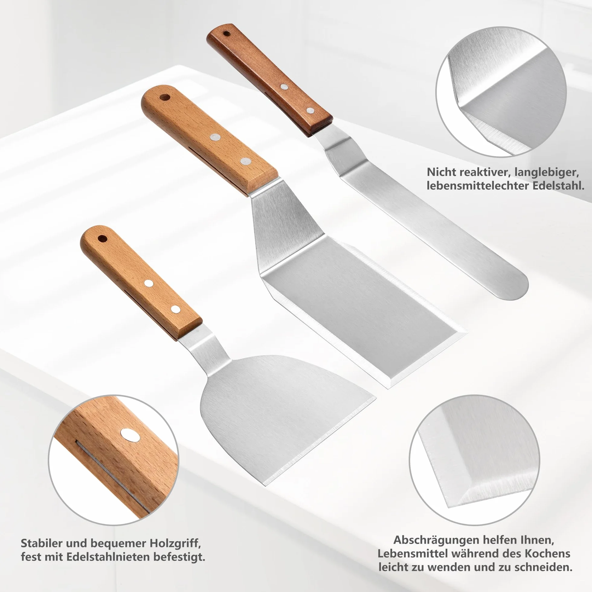 Elalove Set de 3 Spatules Professionnelles pour Plancha - Spatule Acier Inoxydable 26cm avec Grattoir, Argent