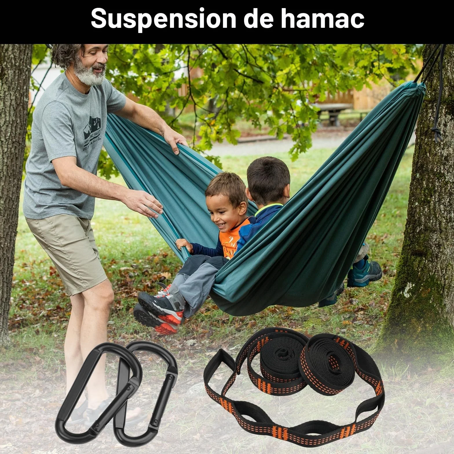 Sangle Hamac 2m x 2,5 cm Polyester Mousquetons Fixation Arbre 300kg Lot de 2