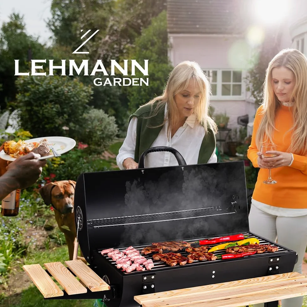 LEHMANN Barbecue Charbon de Bois XL avec Grille de Cuisson, Étagères en Bois, Couvercle, Roulettes