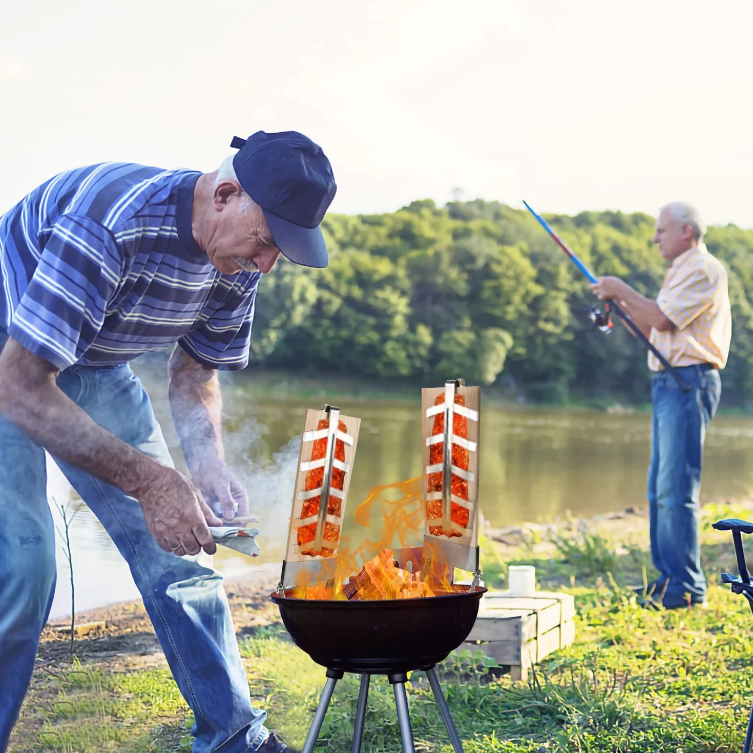 Jopassy Lot de 2 planches à saumon flammé avec support réversible - Planche à saumon pour griller, brasero - Charge maximale 2,5 kg - Planche en bois