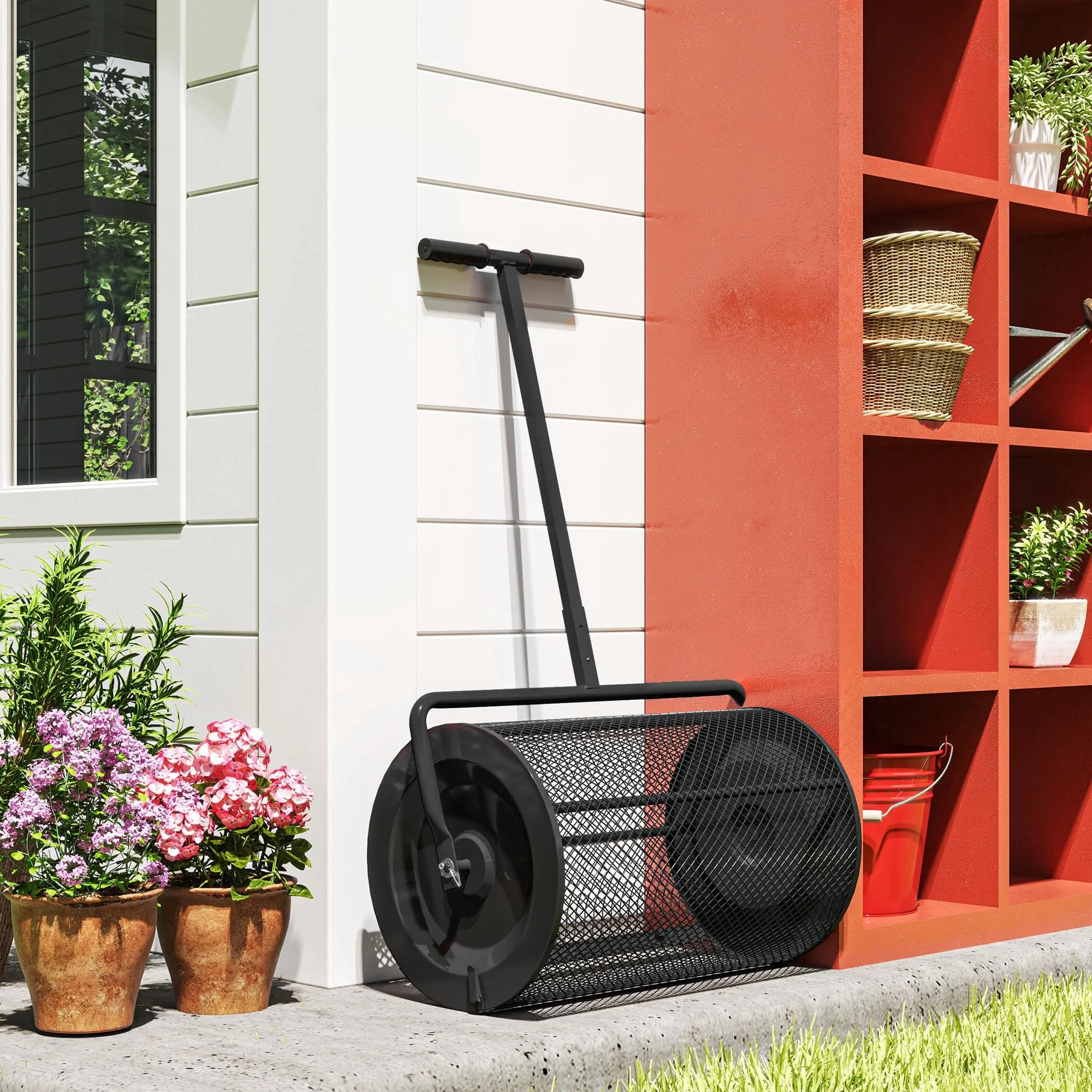 Outsunny Épandeur à Compost 75 L, épandeur de Gazon avec poignée en T réglable, Noir