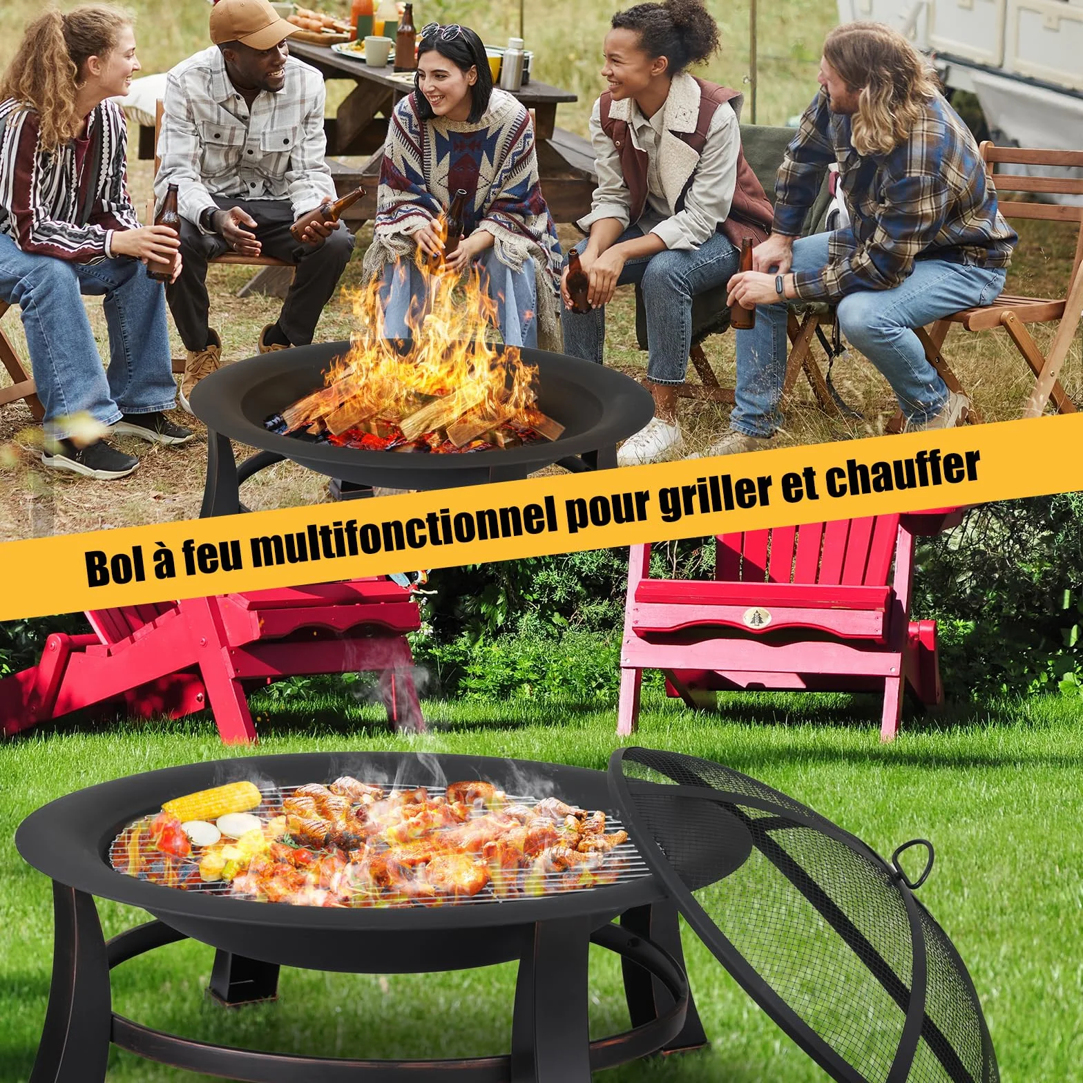 TLGREEN Brasero Exterieur Ø 76 cm avec Grille Barbecue Rétro Jardin Terrasse Foyer Extérieur Noir Grand