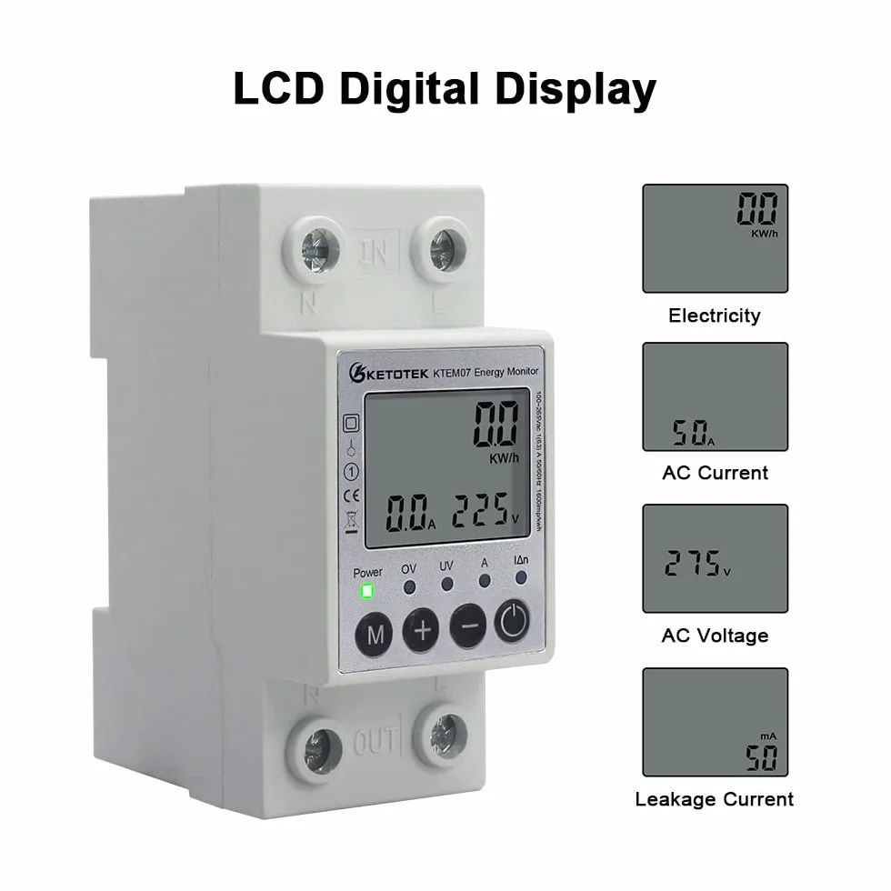 KETOTEK Compteur électrique Monophasé AC 63A 220V Compteur D'énergie Numérique Rail DIN Mesure Consommation Electrique 1 Phasé KWh Voltmètre Ampèremètre