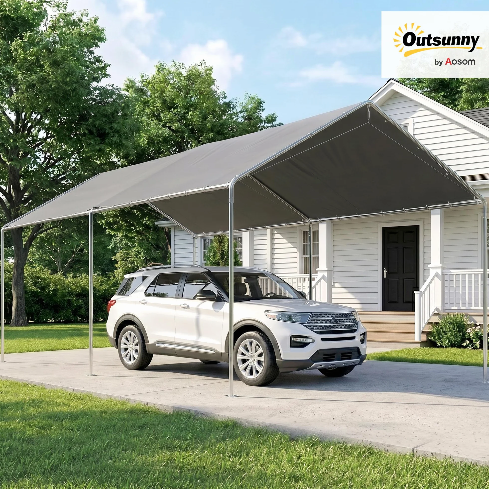 Outsunny Carport 6x3 m Acier galvanisé Toit PE Gris