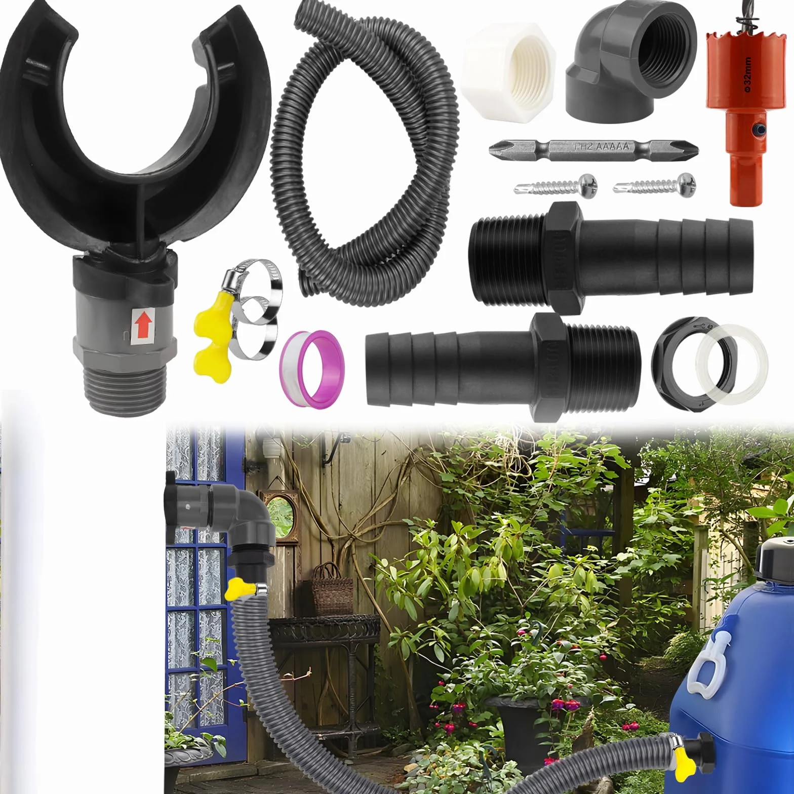 Recuperateur d Eau de Pluie pour Tuyau de Descente Ø 70-110mm, Collecteur Eau de Pluie Gouttiere, Toitures Jusqu'à 80 m², Tuyau 1 Mètre