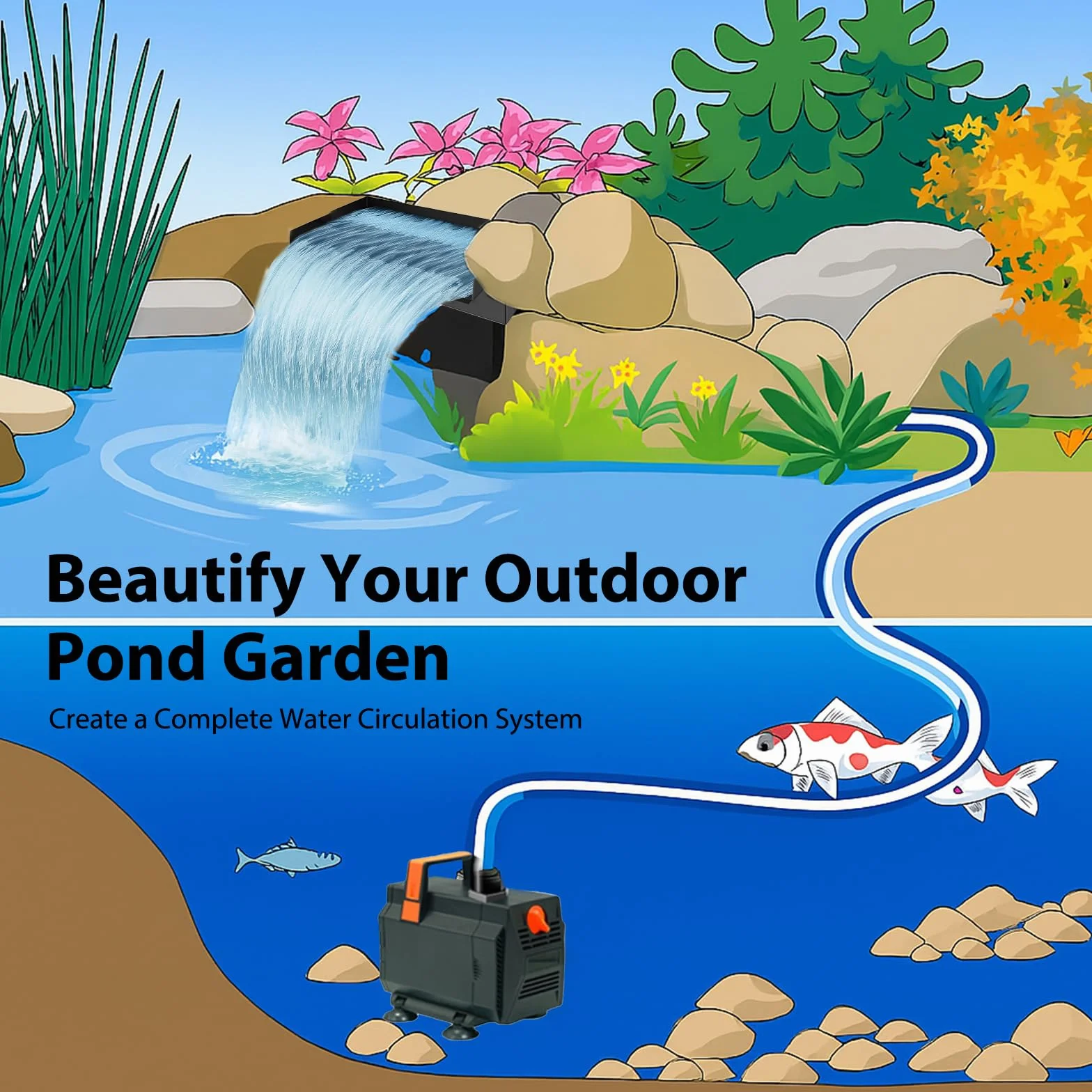 Cascade Bassin Extérieur Acier Inoxydable 20 cm Pompe 40 W 2000 l/h pour Étang Jardin Koï