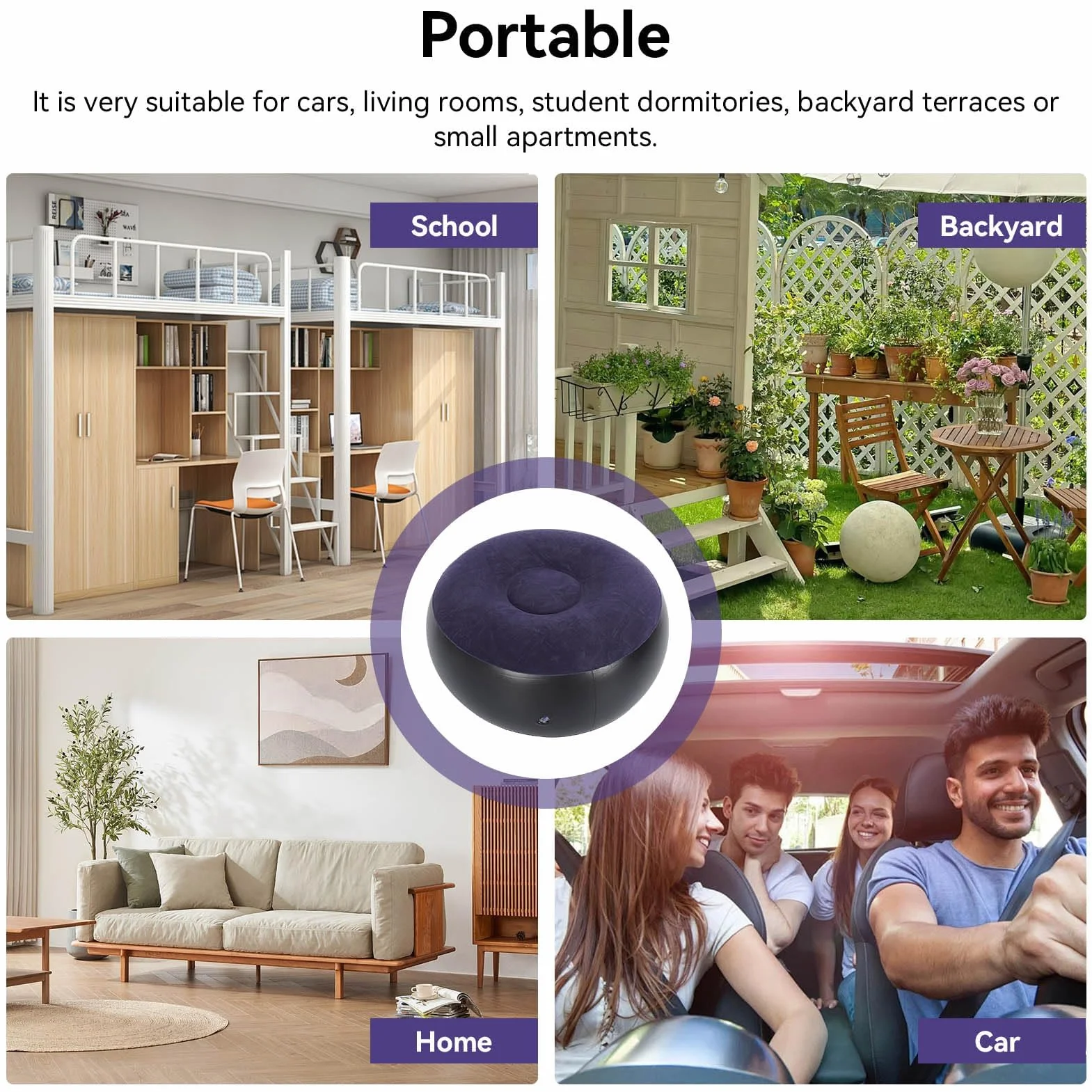 Tabouret Gonflable Multifonction en PVC Violet, Pouf Gonflable pour Camping Extérieur