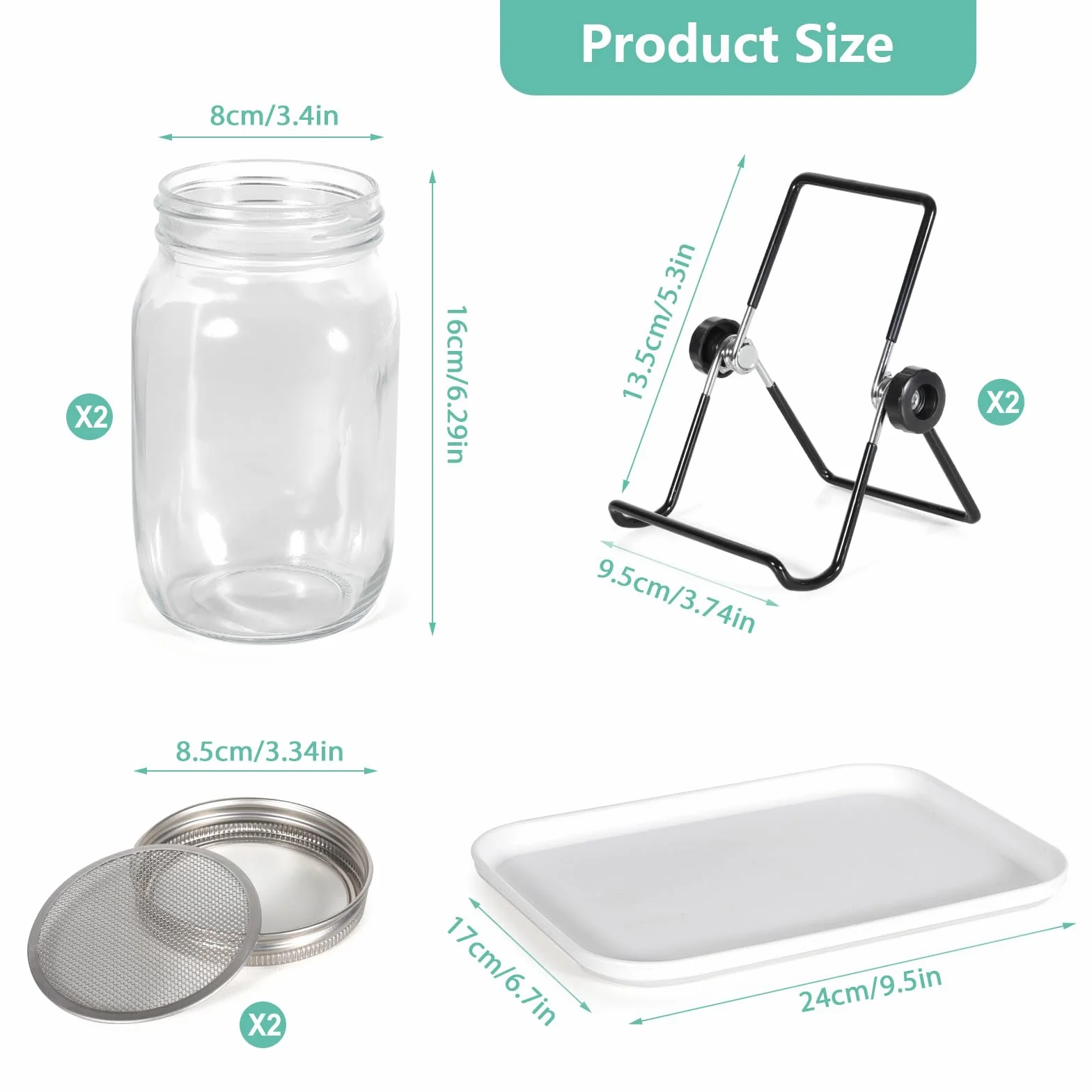 Cinnani Bocal de Germination 2x1000ml Germoir en Verre avec Couvercle Grille Acier Inoxydable Support Plateau Kit