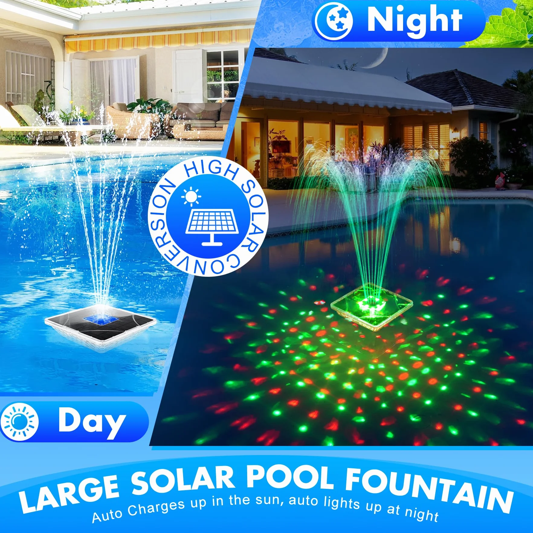 Fontaine Solaire Flottante avec Lumière 2 Modes Hauteur 110cm pour Piscine Bassin