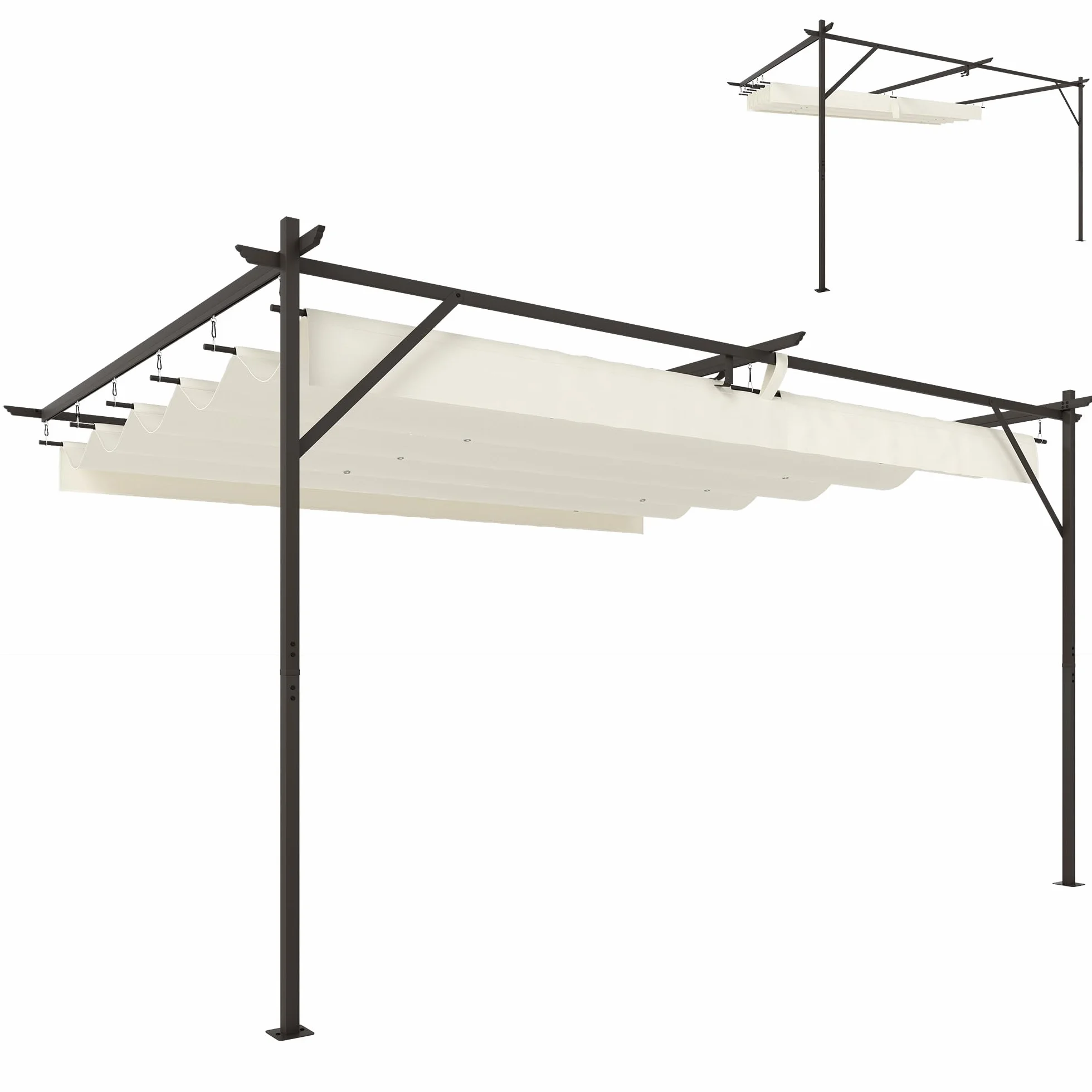Outsunny Pergola Addoxée 3 x 4 m Toit Rétractable Coulissant Trous de Drainage Jardin Polyester Acier UV30+ Blanc Crème