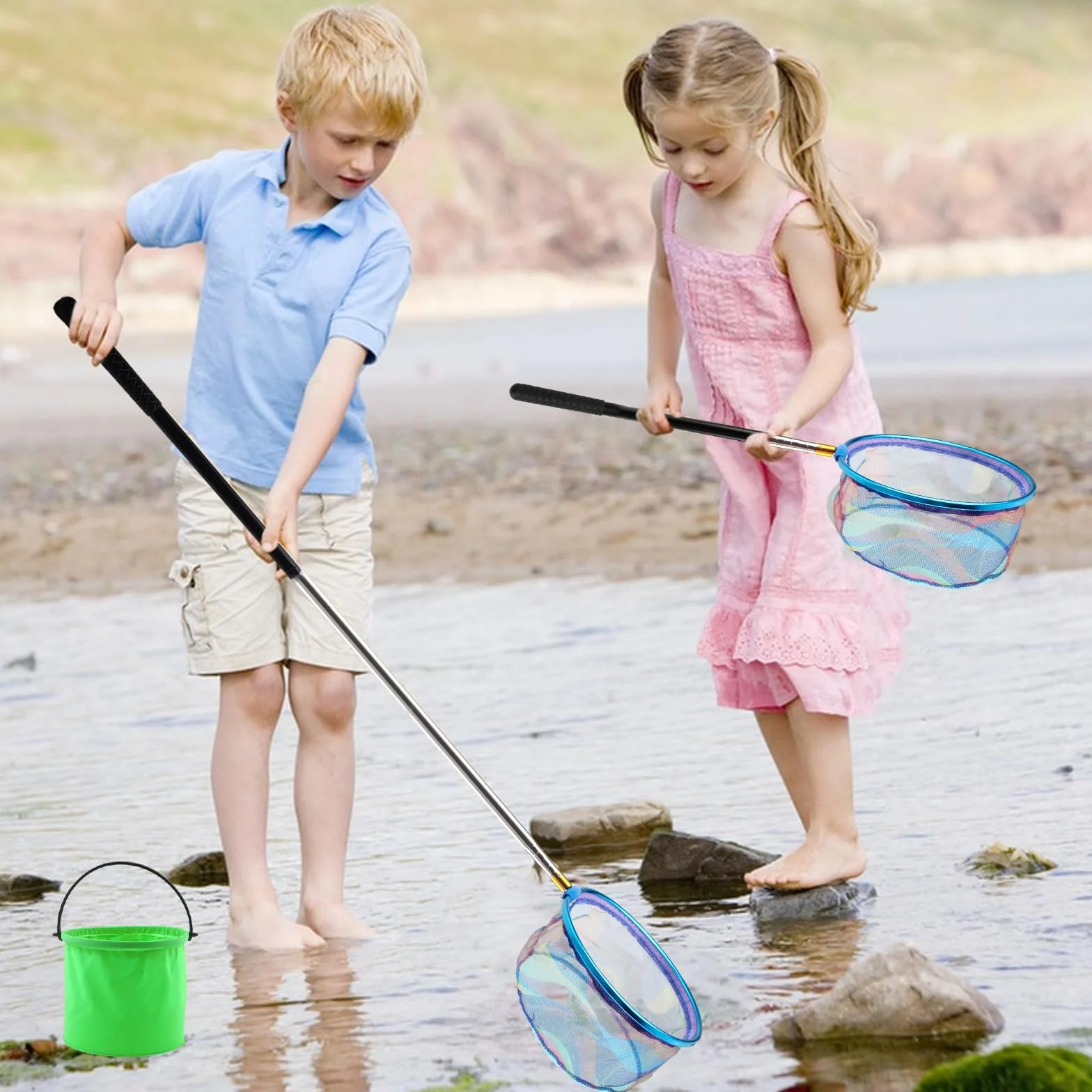 Épuisette Pêche Acier Inoxydable Filet Papillon Rétractable 66-173cm avec Seau Pliant