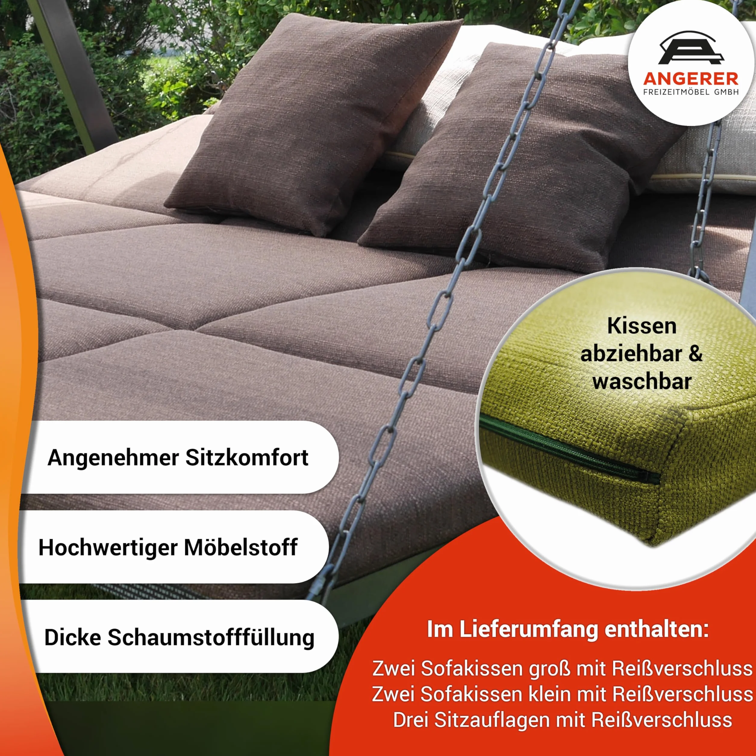 Angerer Balancelle Deluxe 3 Places Jardin Acier Galvanisé Toit Textilène Coussins Lavables Position Réglable Vert Clair