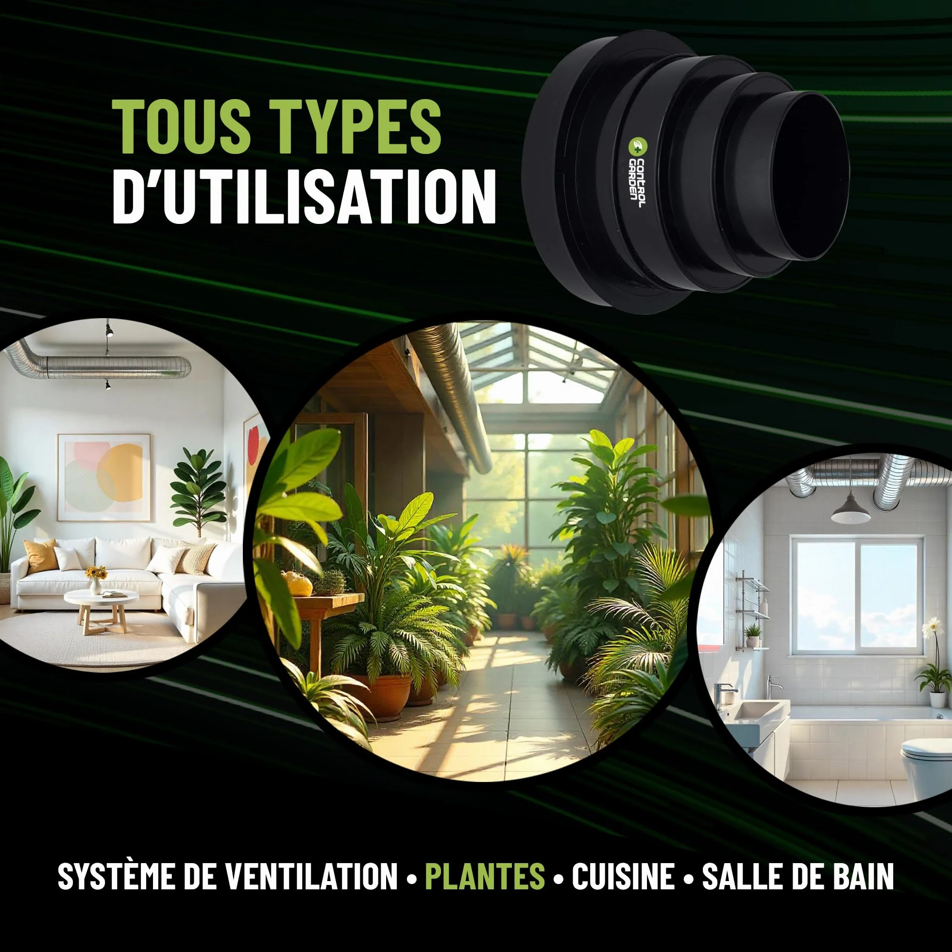 CONTROL GARDEN Réducteur universel pour ventilation Ø 80-150 mm Raccord connecteur conduit noir