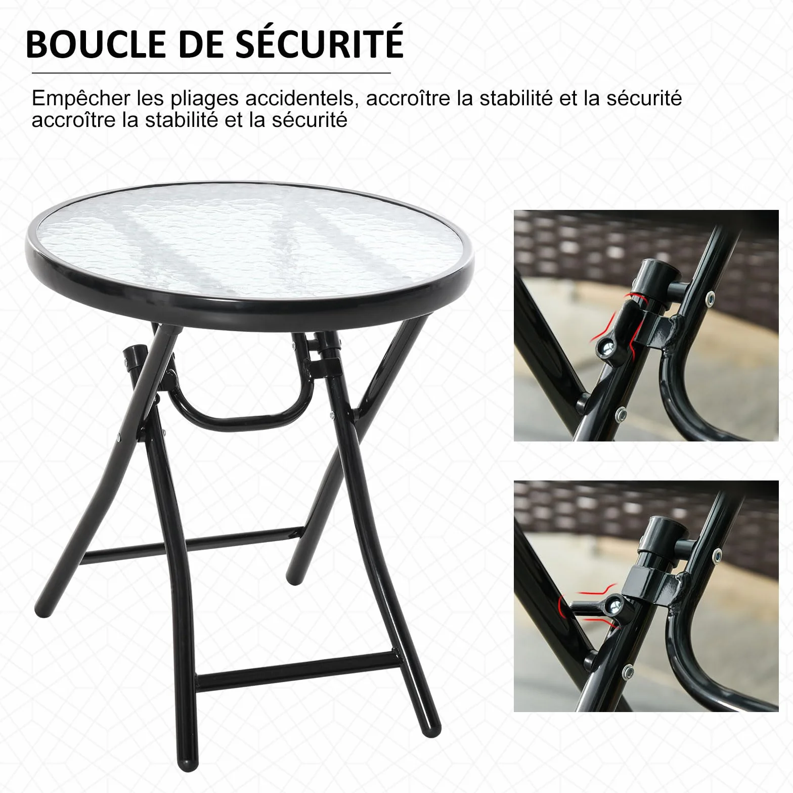Outsunny Bistro de Jardin Table Basse Ronde Pliable 45 x 50 cm Métal Noir Verre Trempé