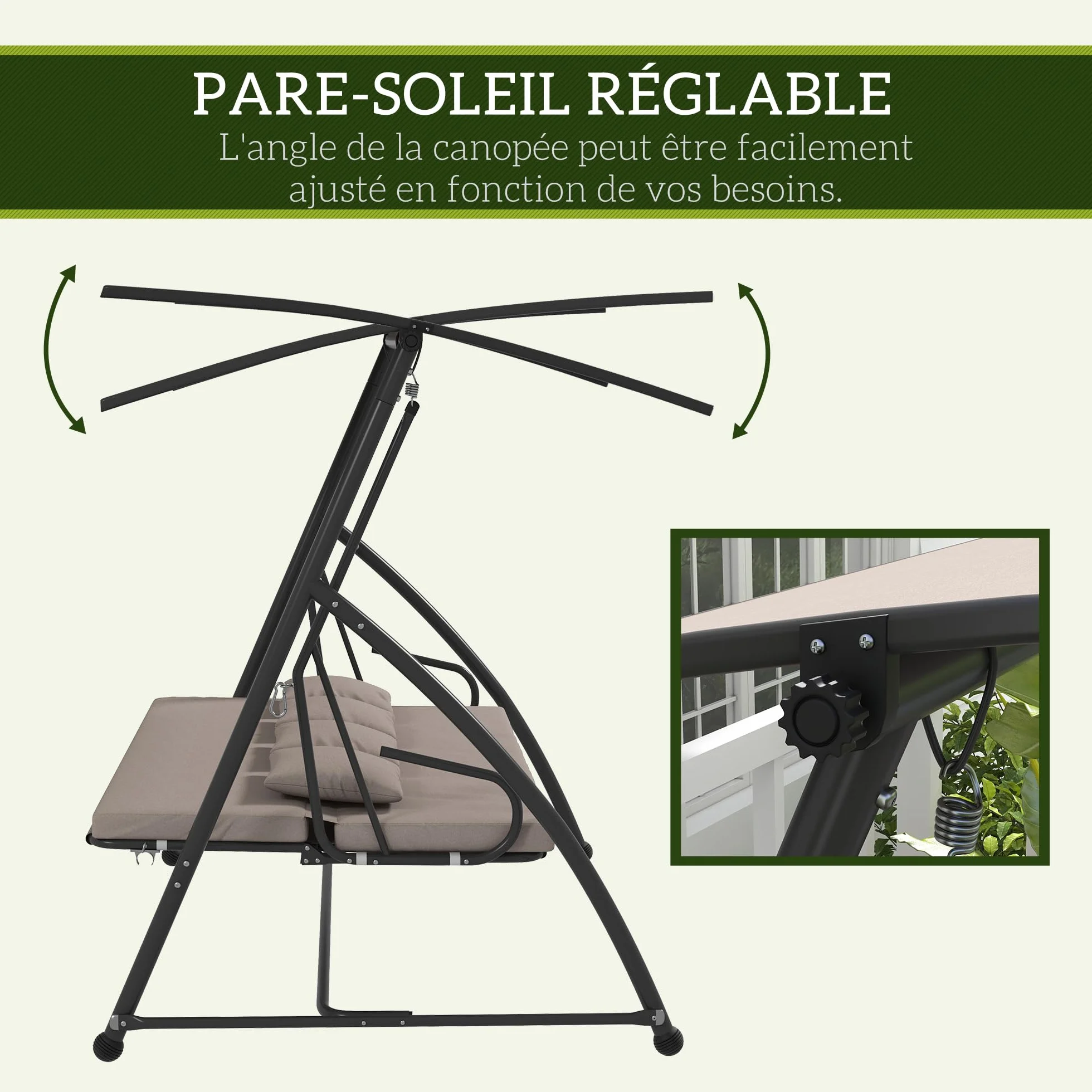 Outsunny Balancelle de Jardin 3 Places Convertible Toit Inclinaison Réglable 218x120x168 cm Marron Clair