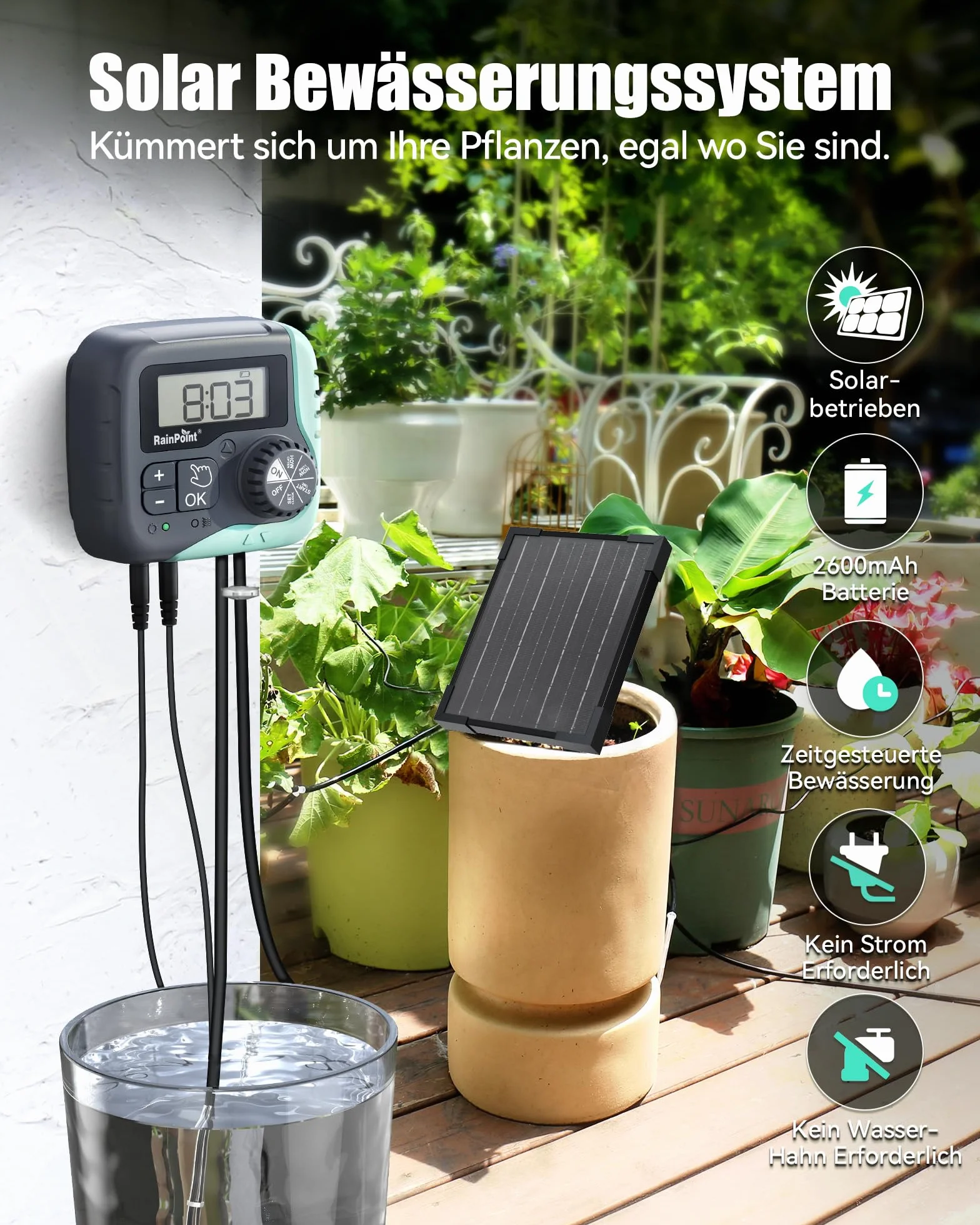RAINPOINT Kit d'Arrosage Goutte à Goutte Solaire Automatique 45 L/H Pompe Programmable 2600 mAh