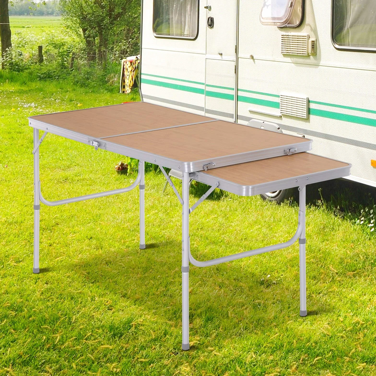Outsunny Table Pliante Camping Jardin avec Rallonge Hauteur Réglable Aluminium MDF Imitation Bambou