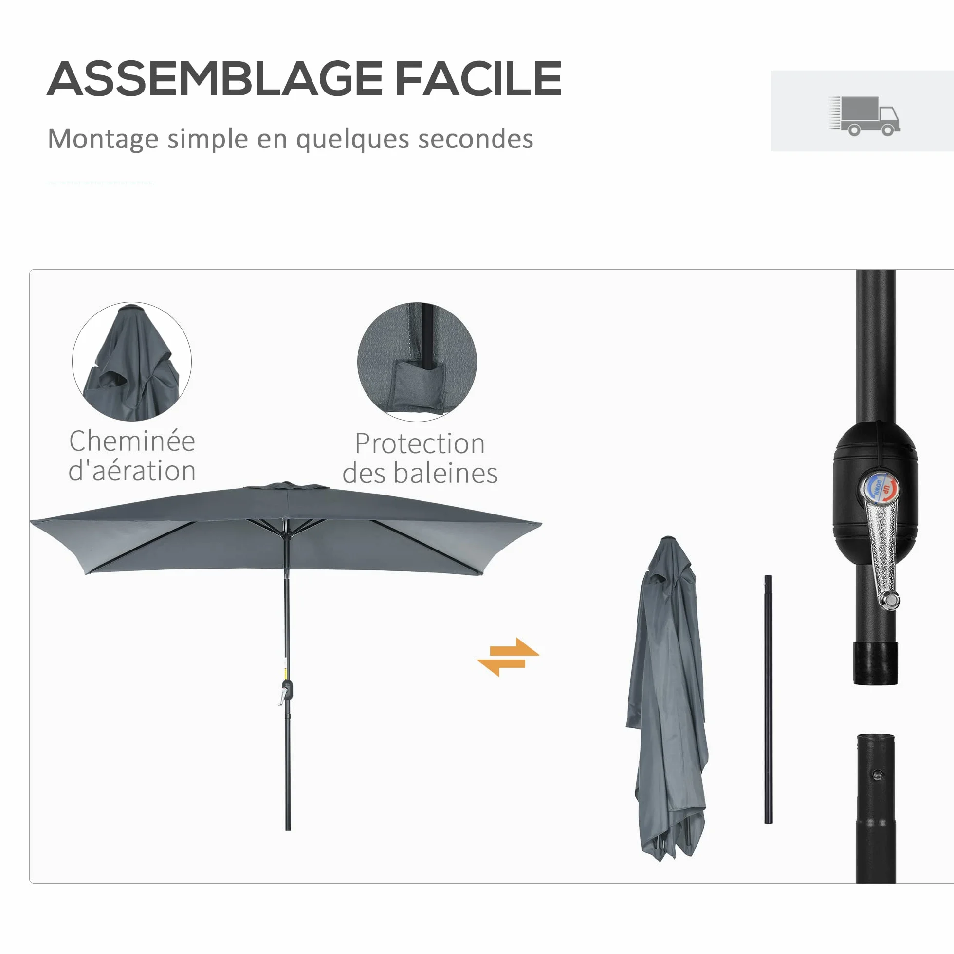 Outsunny Parasol de jardin rectangulaire aluminium 3 x 2 m inclinable polyester haute densité