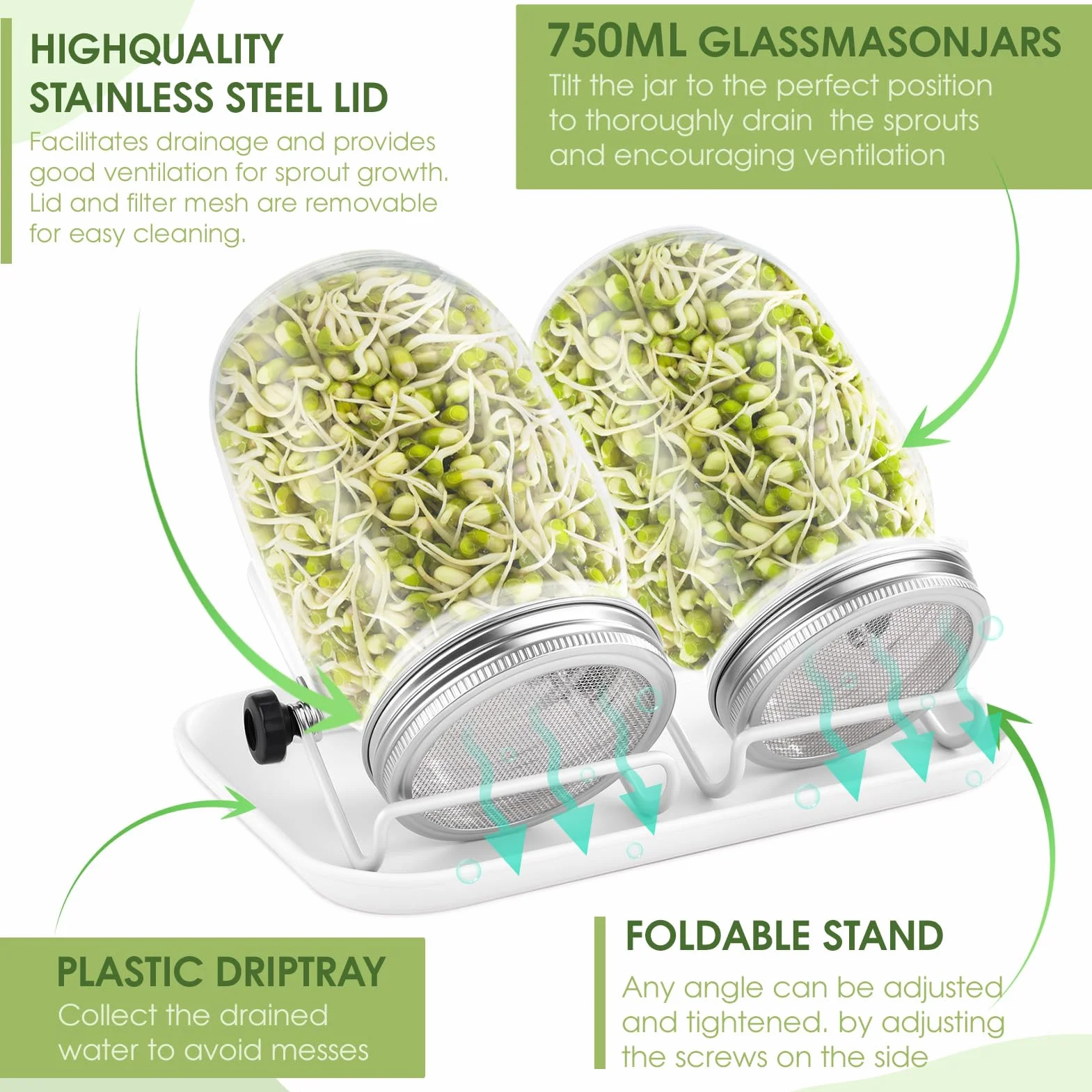 Bocal de Germination de Graines en Verre, 2 Couvercle Grille Acier Inoxydable, Kit Germoir
