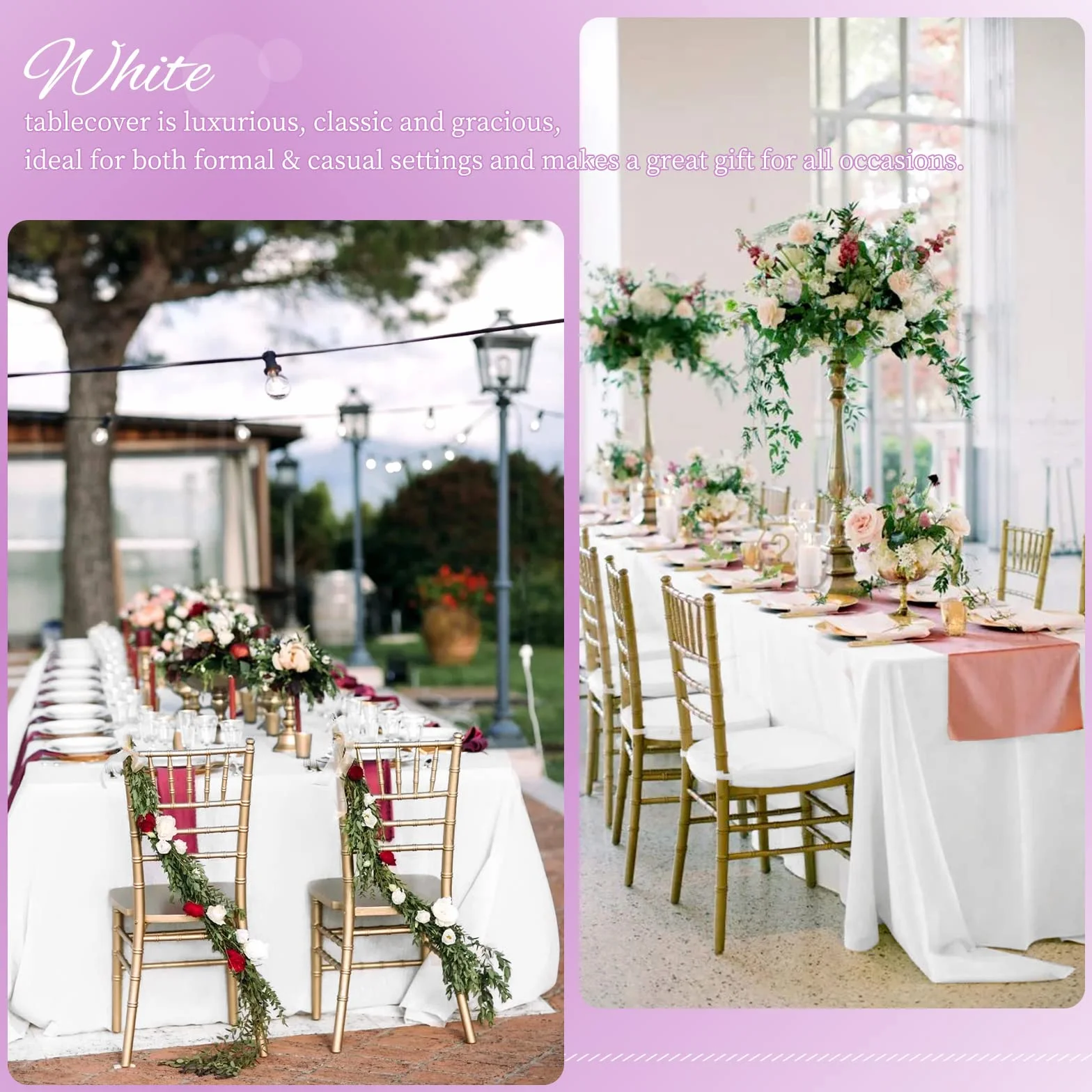 Lot de 6 nappes rectangulaires polyester blanc 153 x 260 cm pour tables 6 pieds, décoration mariage fête