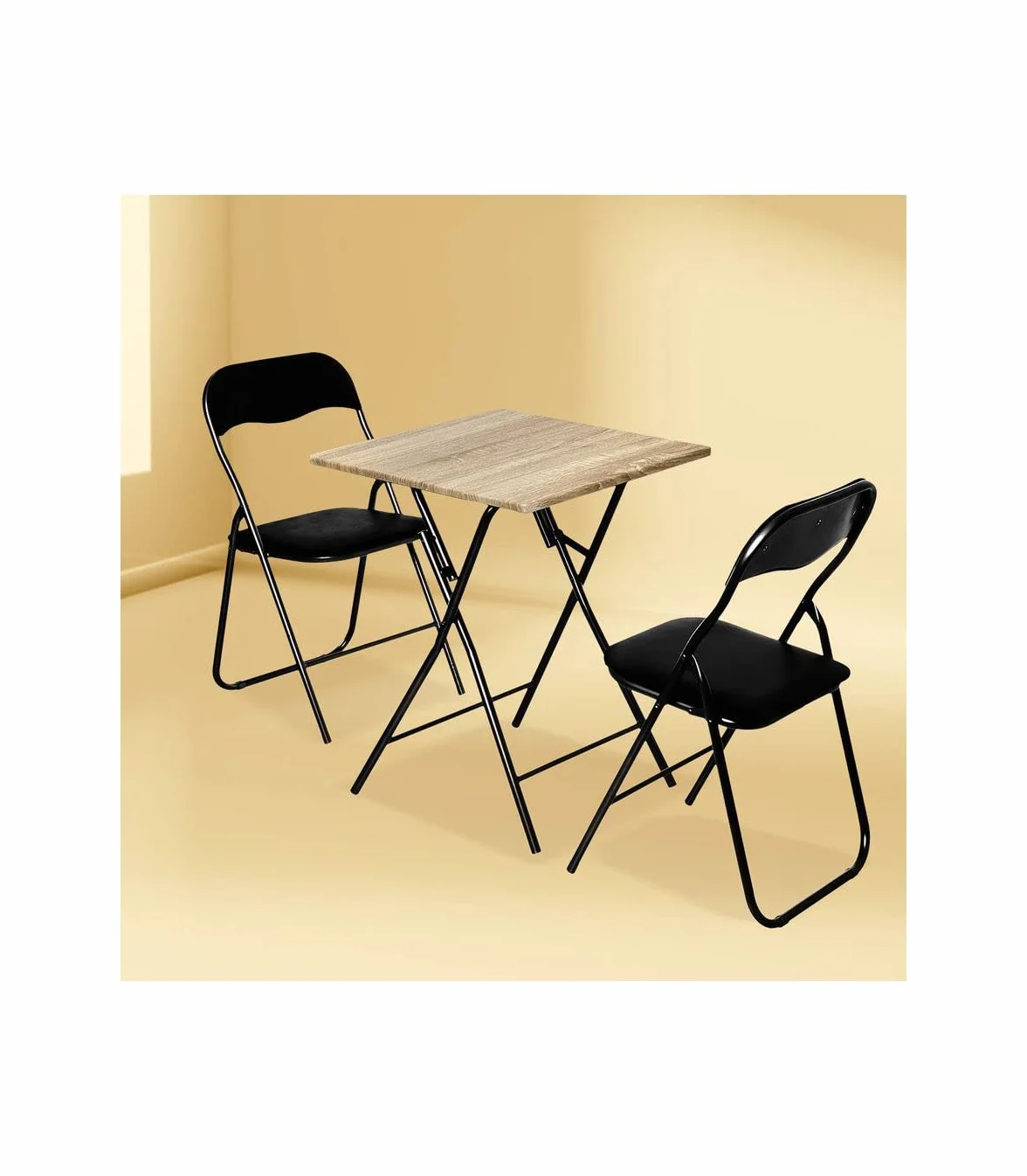 Table Pliante Carrée Effet Bois et Noir 60 x 60 cm 2 Personnes