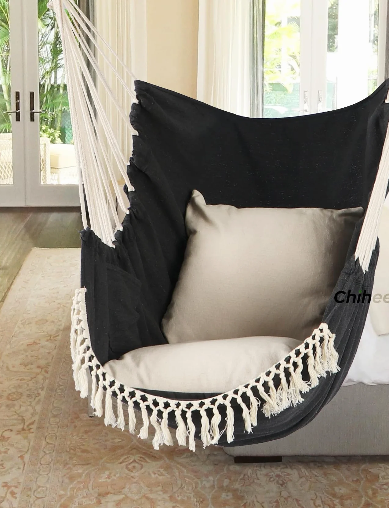Chihee Chaise Hamac Suspendue Max 500 Lbs 2 Coussins Inclus Barre d'écartement Métal Antidérapante Poche Latérale Bohémienne