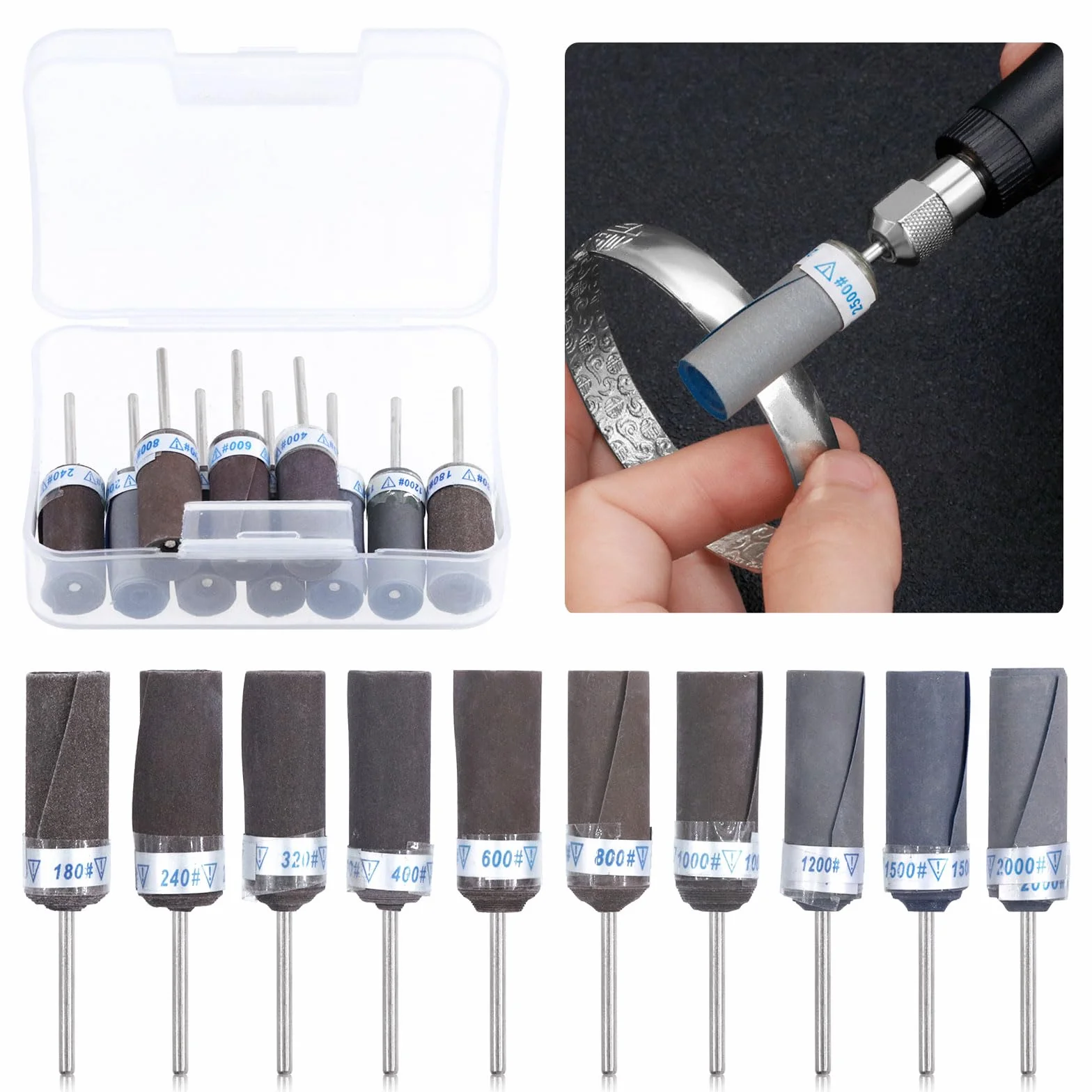 Glarks Lot de 10 tambours de ponçage, manchons de ponçage, points de meulage abrasifs, embouts de polissage cylindriques pour outil rotatif 180/240/320/400/600/800/1000/1200/1500/2000