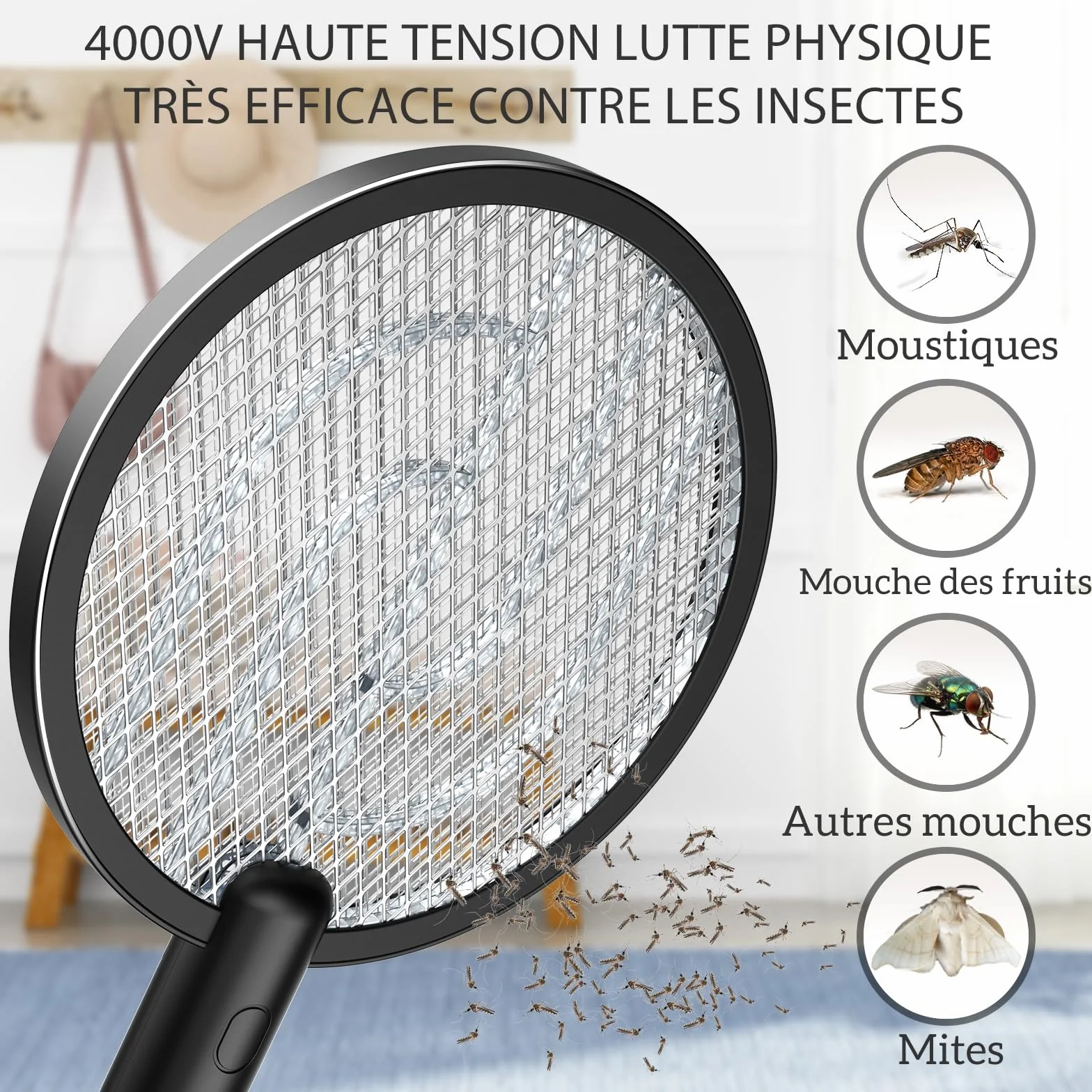 PALONE Raquette Electrique Insectes 4000V Anti Moustiques avec Base de Charge et UV, Tapette à Mouches Haute Efficacité Intérieur Extérieur, Grille Sécurité 3 Couches Noir