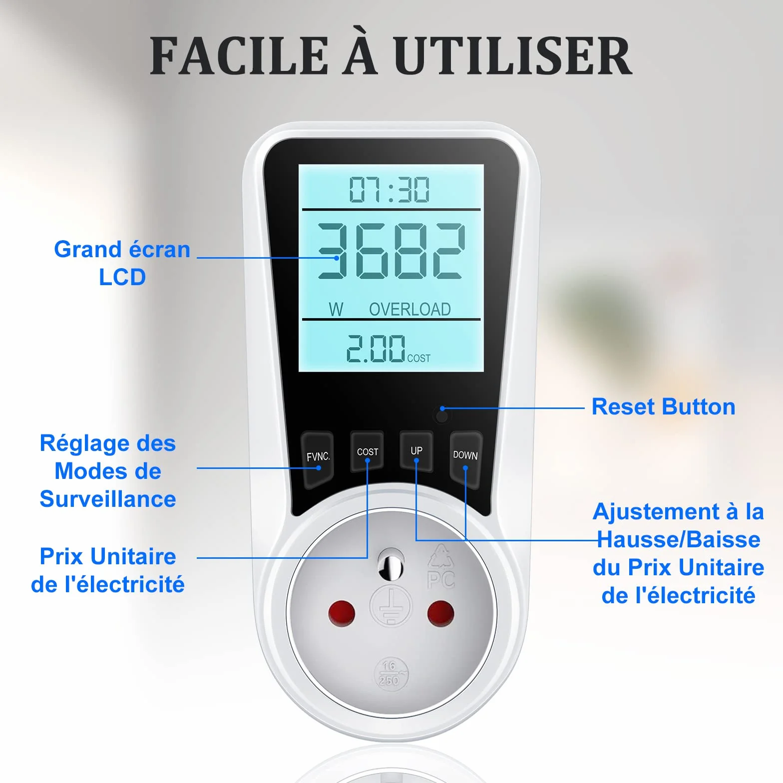Wattmètre Prise Compteur d'Énergie, Consommation d'Énergie avec 7 Modes Surveillance, Écran LCD Rétroéclairé, Prise Consommation Electrique pour Économie d'Energie, Surcharges de Protection, 3680W MAX