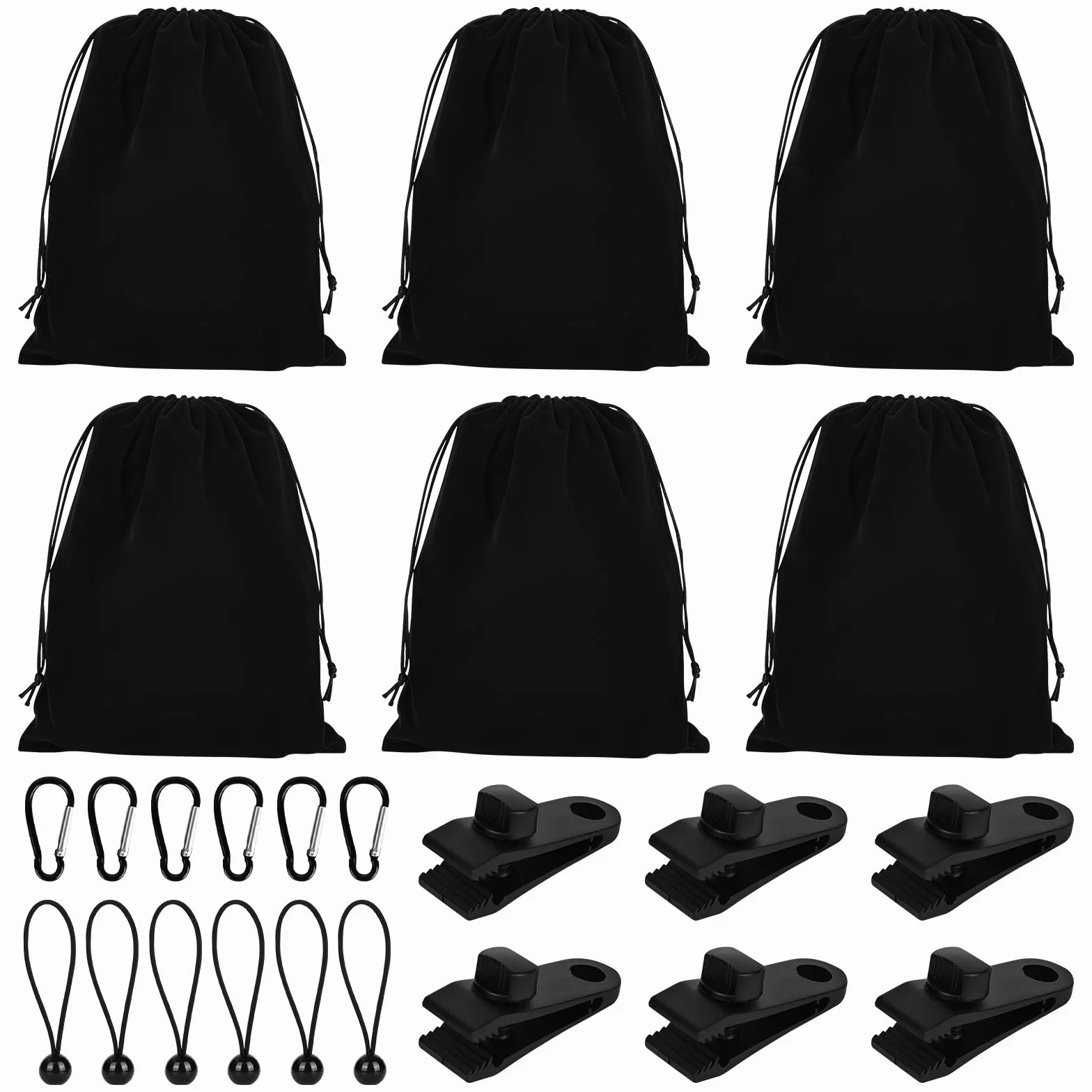 Sac de poids portable pour rideaux de tonnelle en plein air, sac de lestage de nappe, 6 mousquetons, 6 clips et 6 cordes élastiques