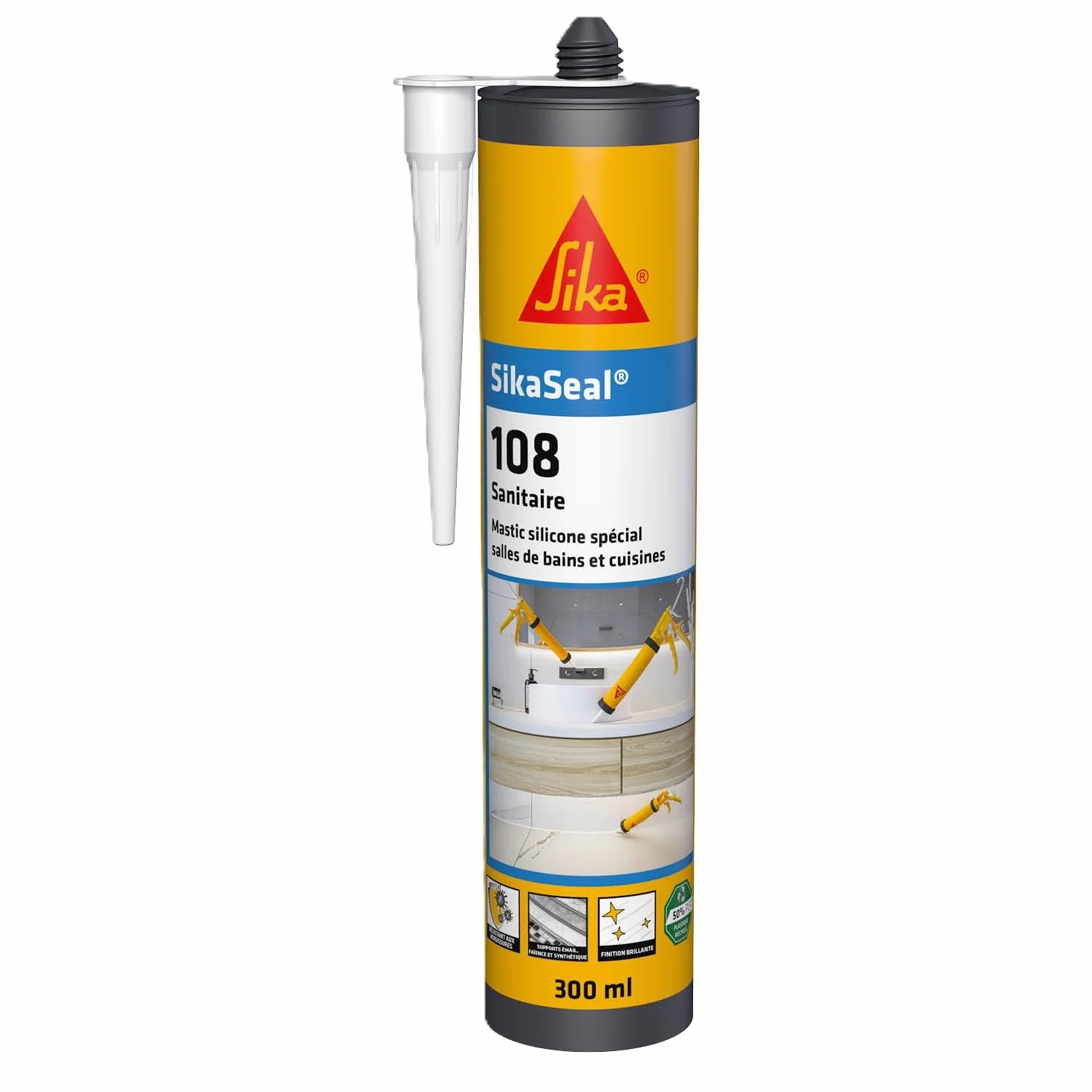 SIKA - Mastic Cuisine & Salle de Bain Anti-Moisissures - SikaSeal 108 Sanitaire Blanc - Joints silicone sanitaire longue durabilité sur multi-supports -Idéal pour travaux de plomberie - 300ml