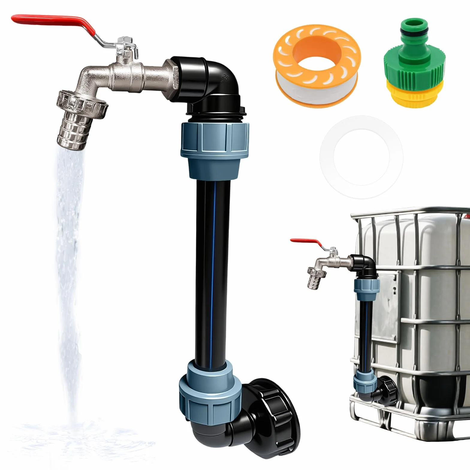 Robinet à col de Cygne IBC 3/4, Adaptateur Raccord Cuve 1000 litres, Kit de Vidange pour Réservoir d'eau de Pluie