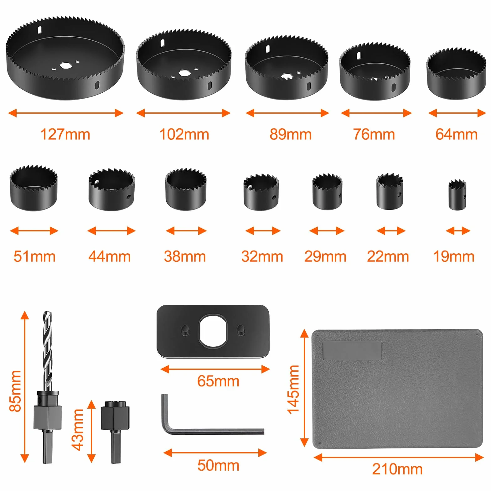 Brevanza 16 Pièces Scie Cloche 19-127mm, Coffret Scies Trépans et Foret Centrage pour Perceuse, Jeu de Scies Cloches avec 1 Clé Hexagonale
