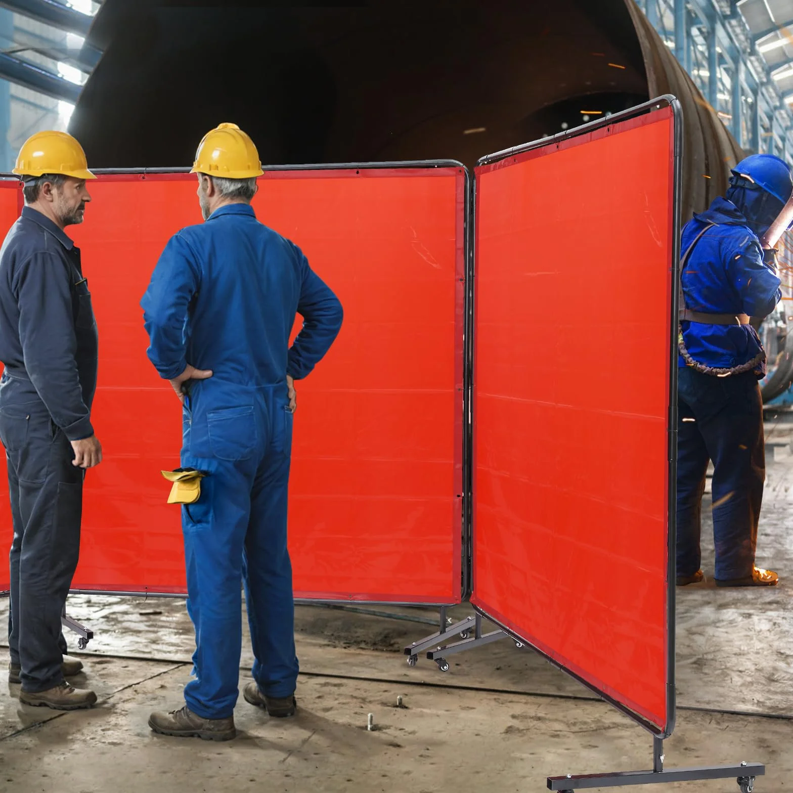 VEVOR Rideau de Soudage avec Cadre 3 Panneaux Écran Rideau de Protection pour Soudure 1,8x1,8 m en Vinyle Ignifuge sur 12 Roues Pivotantes (6 Verrouillables) Mobile Pro pour Atelier, Industrie, Rouge