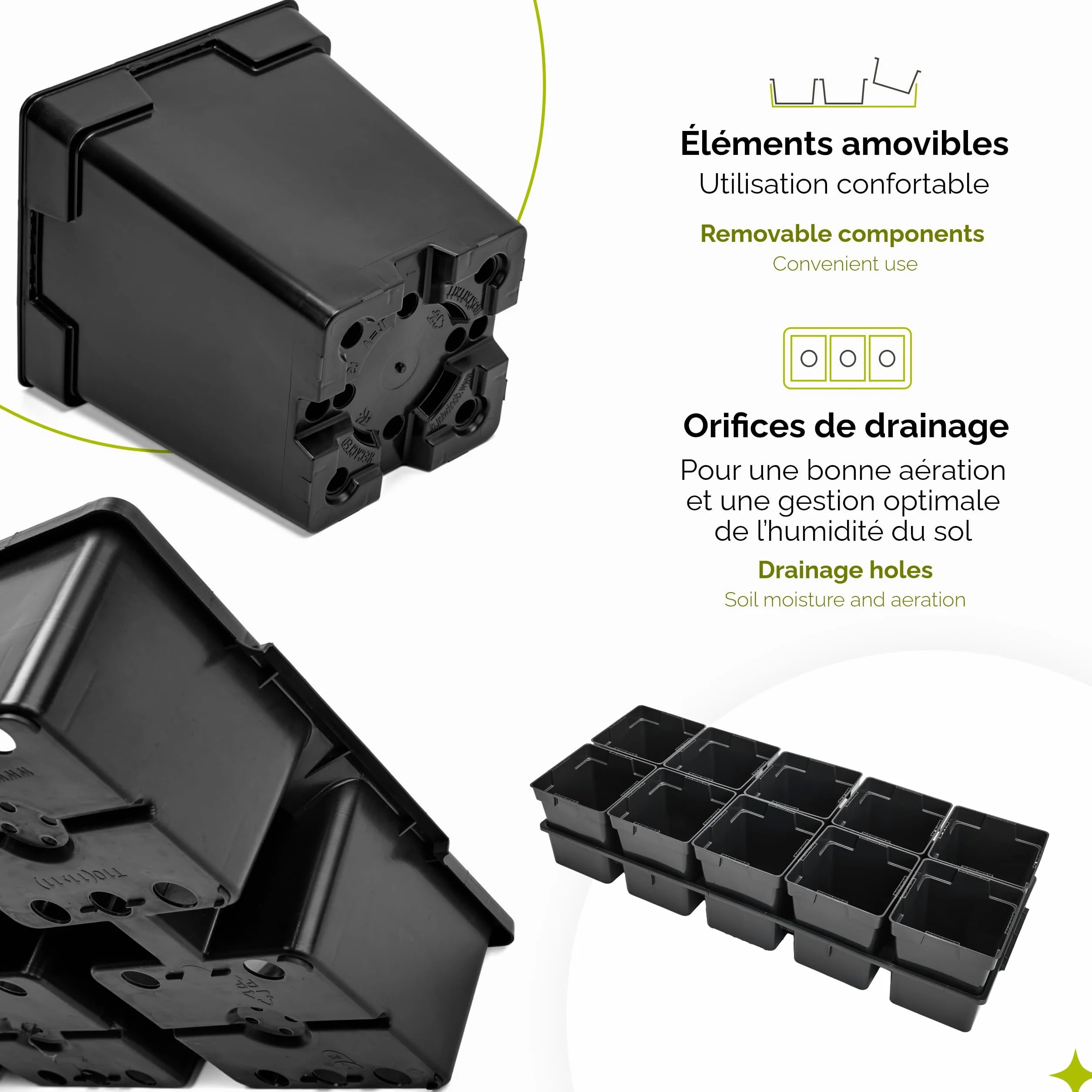 Garronda Kit de Semis Plateau 10 Trous avec Godets Plastique PP Réutilisable GD-0208 Noir