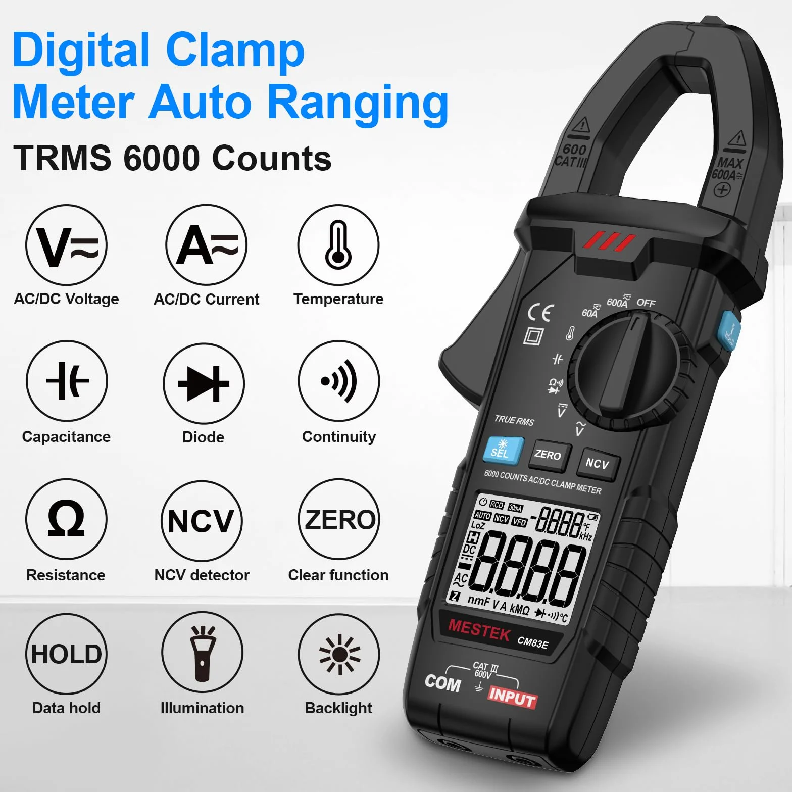 Pince Ampèremétrique Numérique AC DC MESTEK 0-600A Multimètre Clamp Automatique T-RMS Voltmètre Tester Mesure Courant/Tension/Température/Diode/Continuité/Résistance/Fréquence/Capacité NCV VFD Low-Z