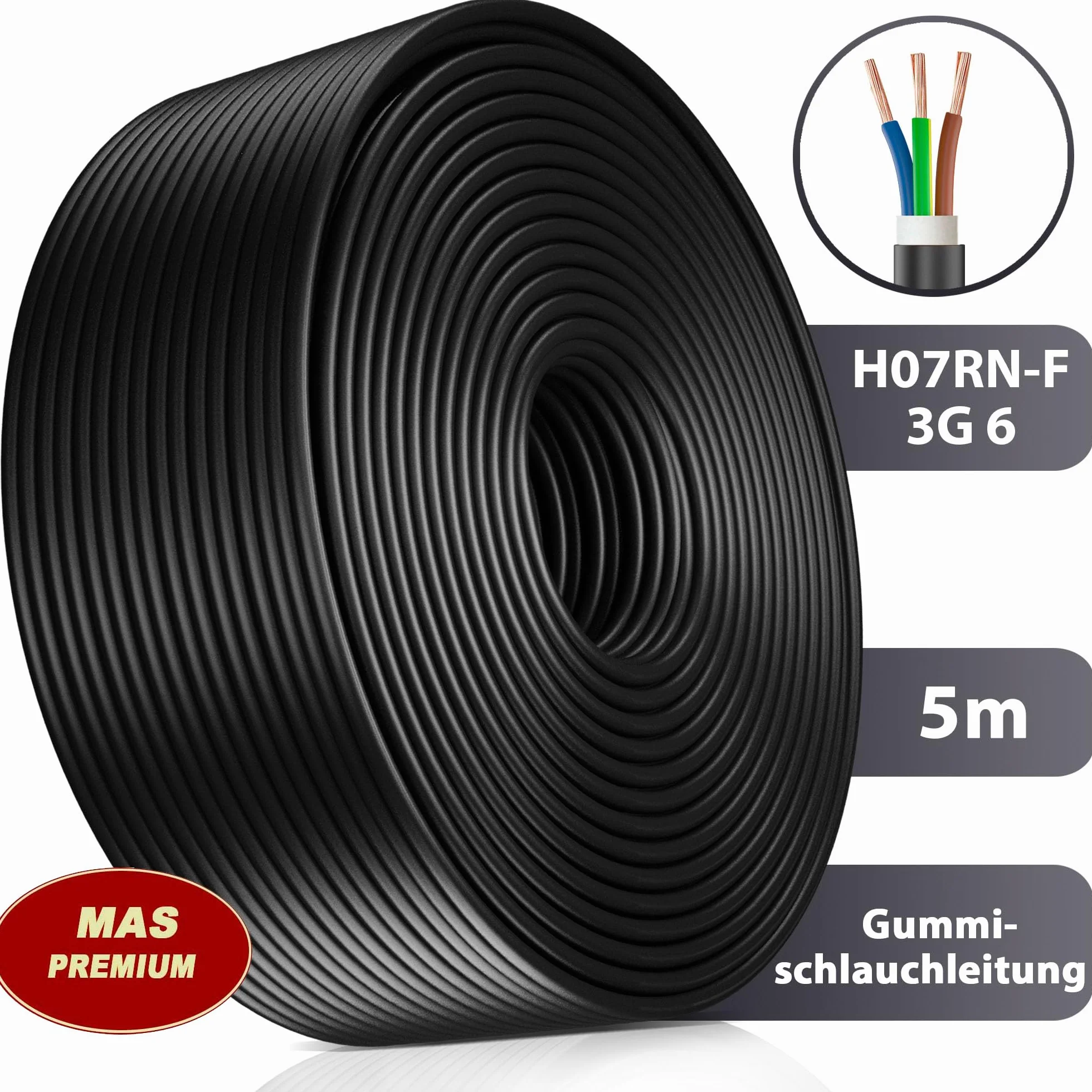 MAS Premium Câble d'alimentation en caoutchouc H07RN-F 3G6 mm² - Flexible avec conducteur de protection pour appareils lourds - De 5 à 50 m - 5 m