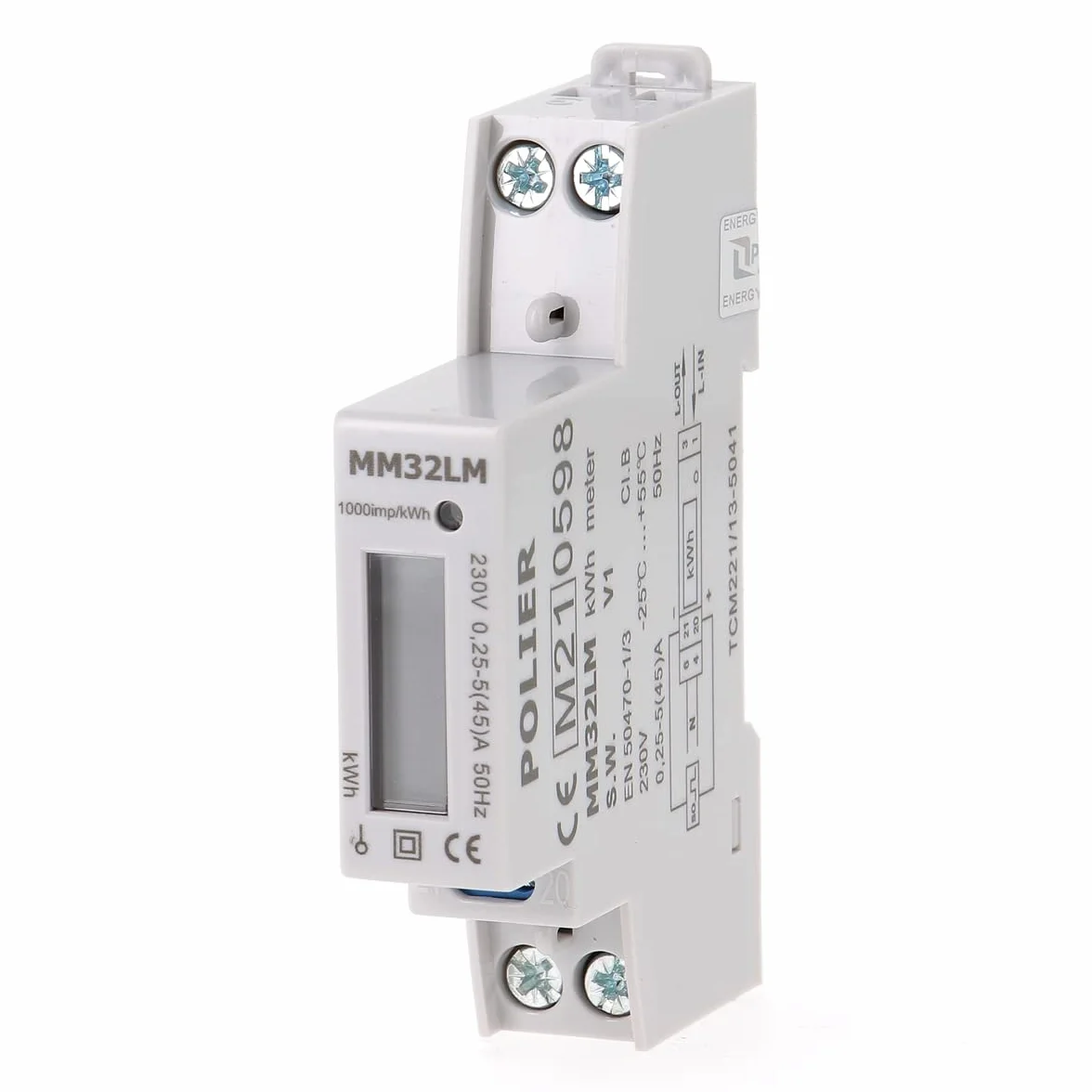 POLIER - MM32LM : Compteur électrique - Monophasé 45 A - Certifié MID - Sortie d'impulsion - Simple tarif - Affichage LCD