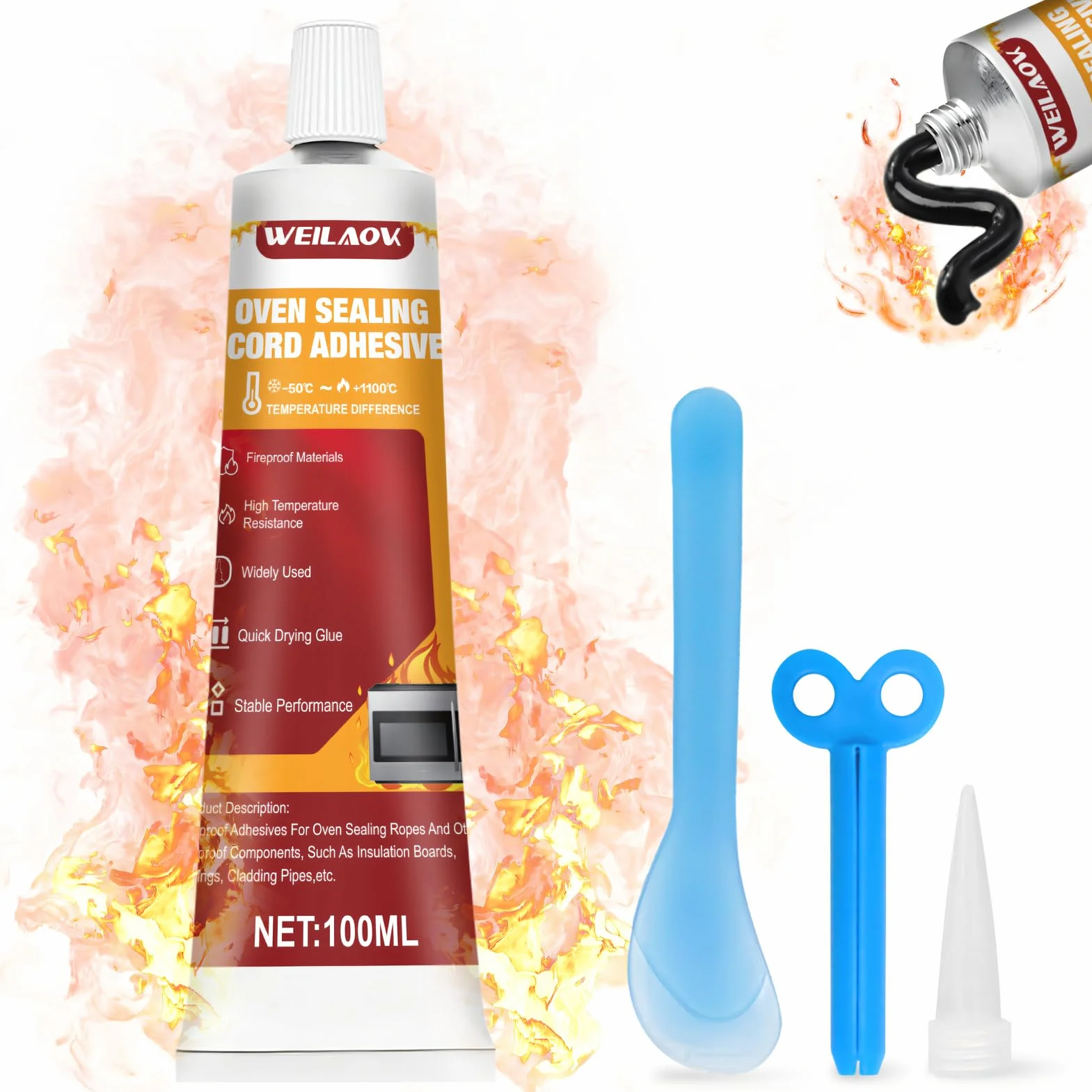 Colle Vitre Four, Colle Haute Temperature Four, Silicone Haute Temperature, Convient pour le Scellement à Haute Température Divers Types Cheminées Poêles, 100 ml, Noi