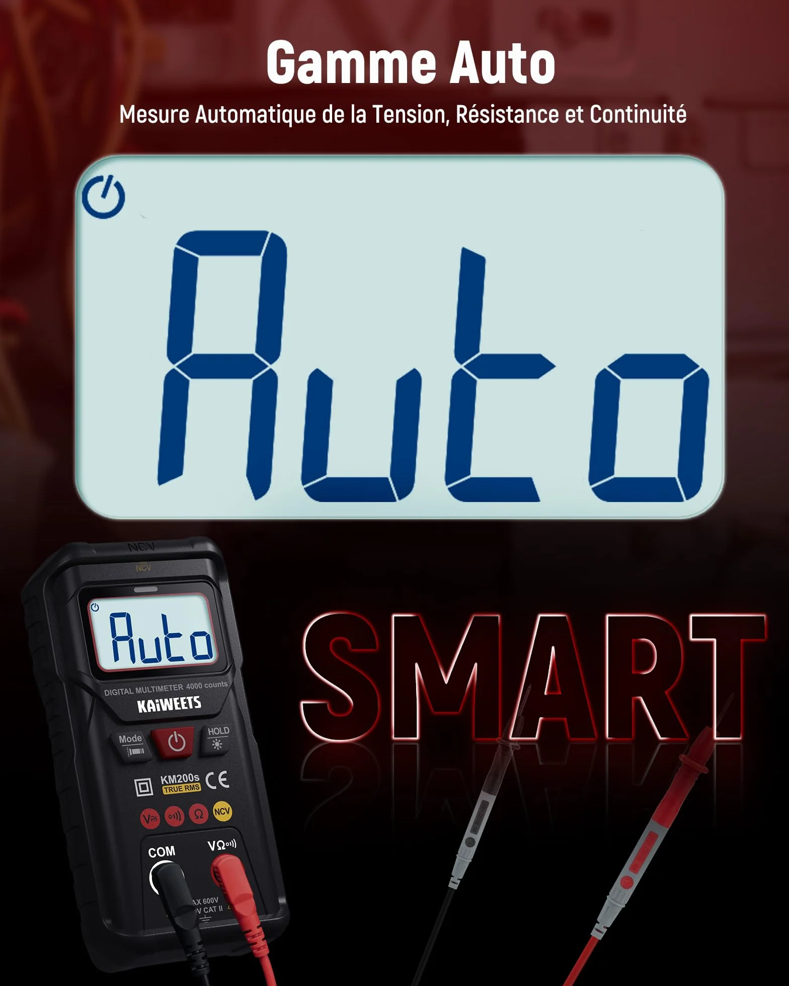 KAIWEETS Multimètre Numérique KM200s True RMS, 4000 Comptes, Voltmètre Intelligent, Détecteur de Tension sans Contact, Sélection Automatique, Mesure Tension AC/DC, Résistance, Testeur de Continuité