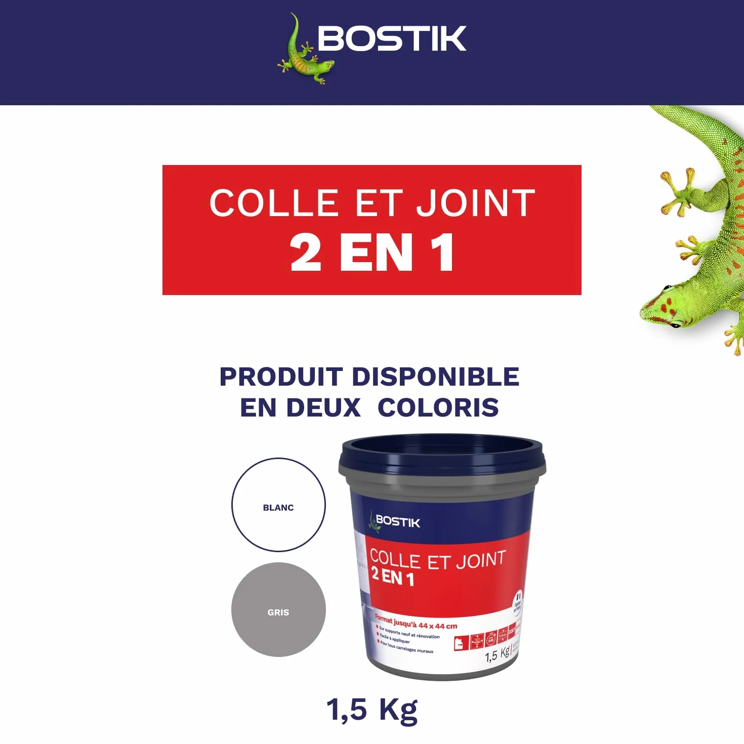 Bostik Colle Pâte et Joint 2 en 1 – Colle Carrelage Mural Améliorée et Joint de Carrelage Prêt à l’Emploi – Idéale pour Cuisine et Salle de Bain – Gris – Seau de 1,5 kg
