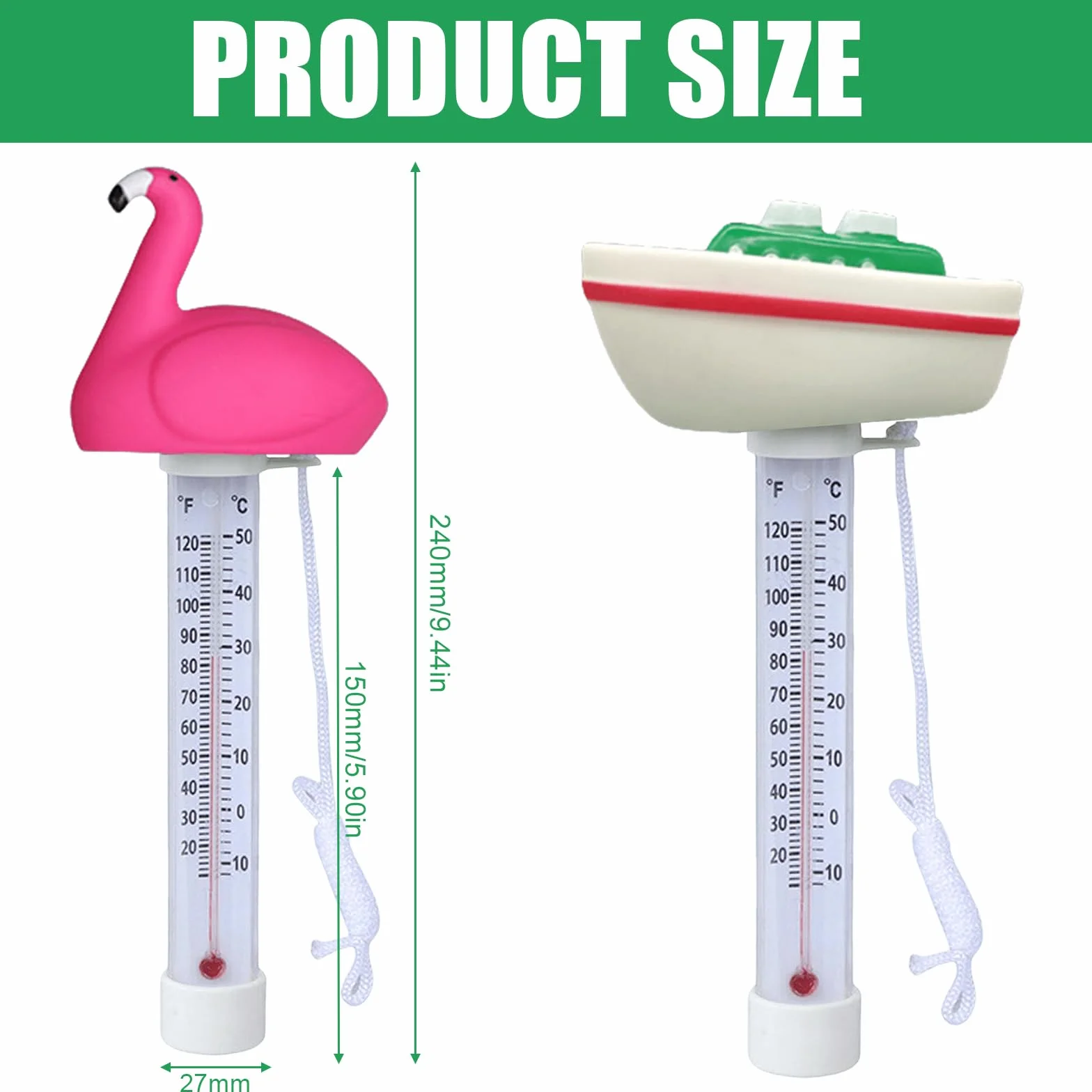 Lot de 2 thermomètres de piscine flottants avec laisse de fixation pour piscines extérieures et intérieures, spas, jacuzzis