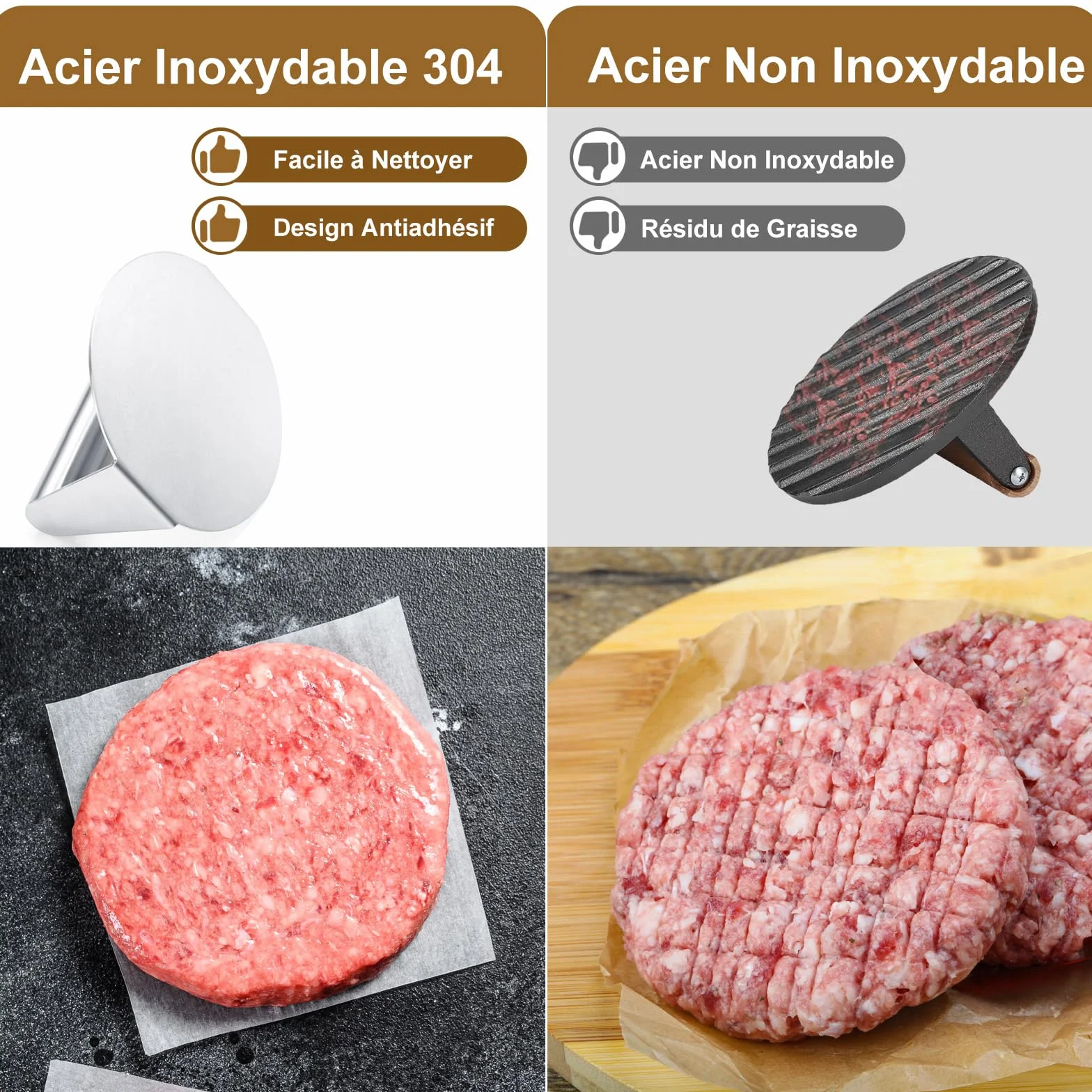 GWHOLE Presse Steak Haché Antiadhésive en Acier Inoxydable 304 pour Hamburger Smash Burger