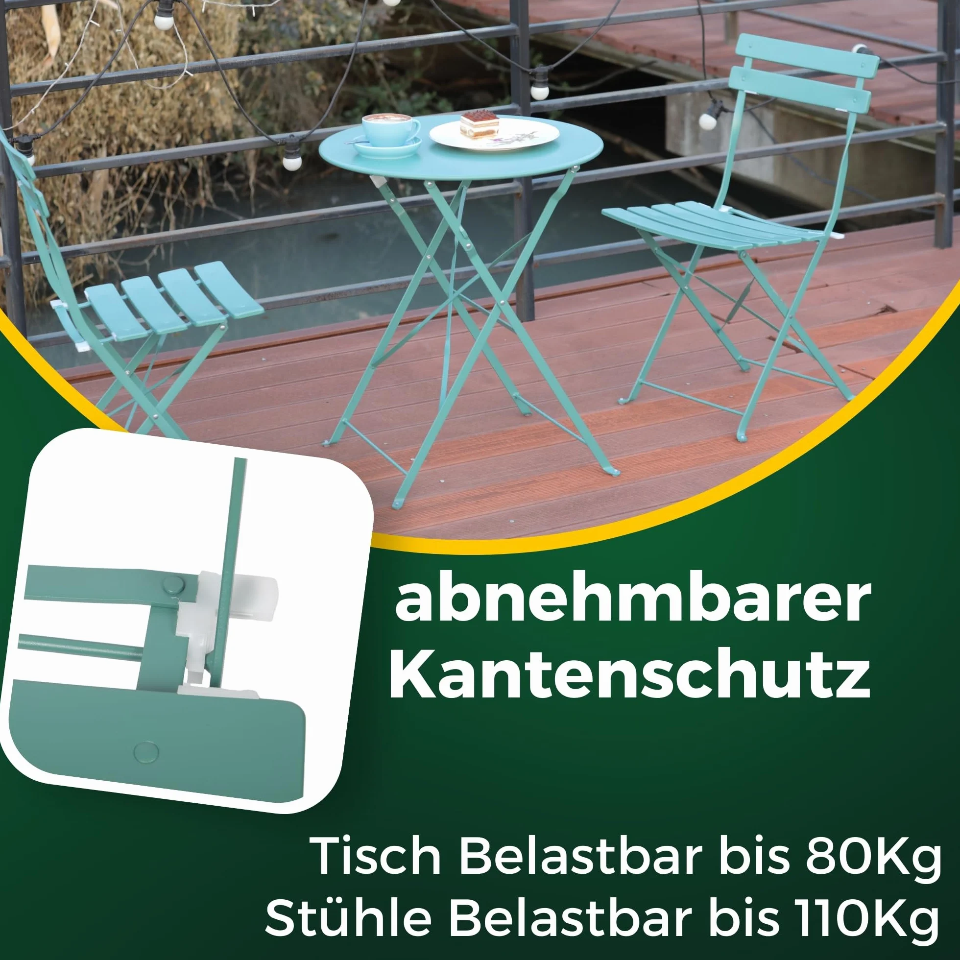 Albatros Ensemble de bistrot 3 pièces vert – Table et chaises pliables en métal robuste pour balcon ou jardin
