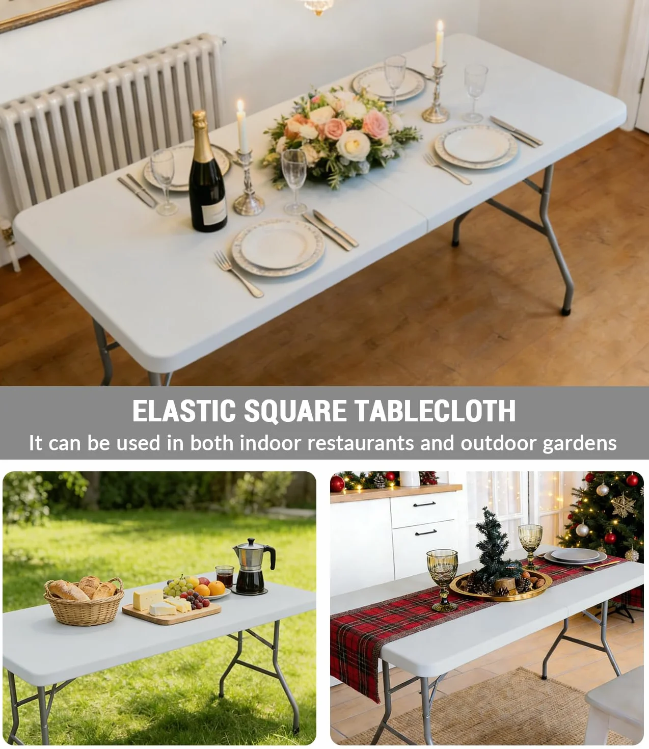 Morbuy Nappe Rectangulaire 183 x 76 CM avec Bord Élastique, Gris Nappe de Table Anti Tache pour Extérieur