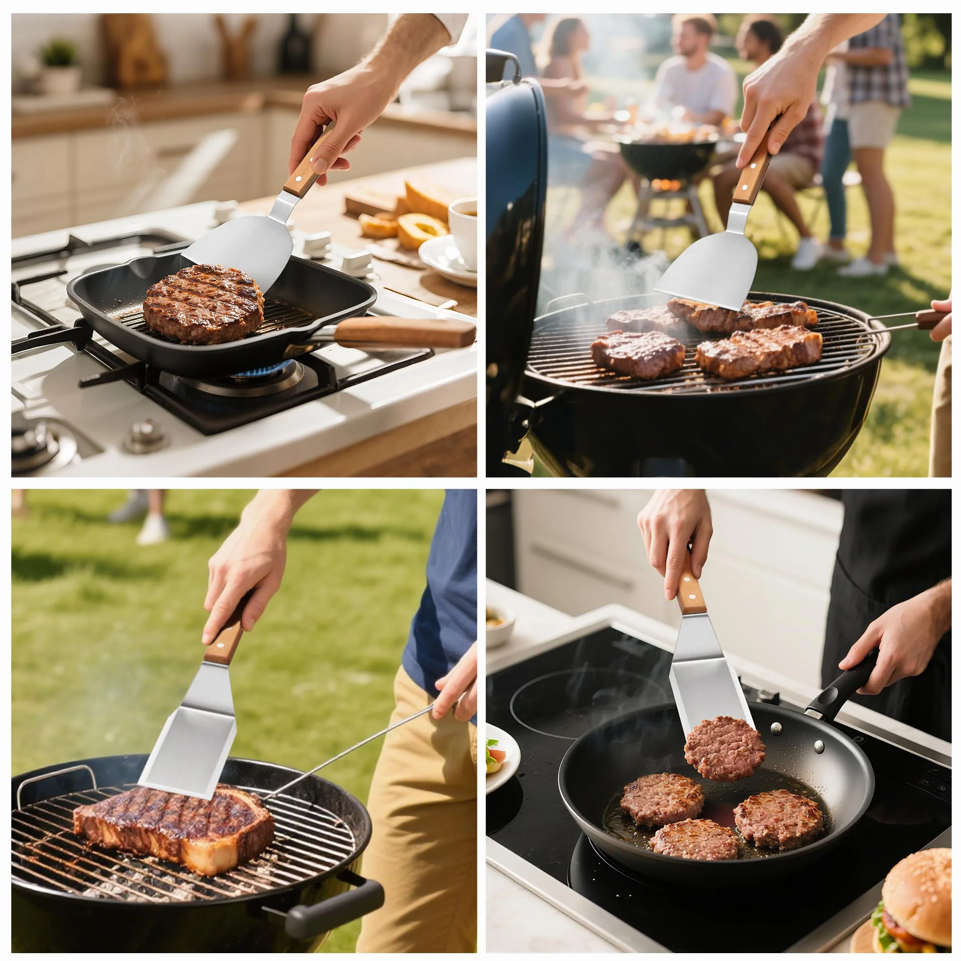 Elalove Set de 3 Spatules Professionnelles pour Plancha - Spatule Acier Inoxydable 26cm avec Grattoir, Argent