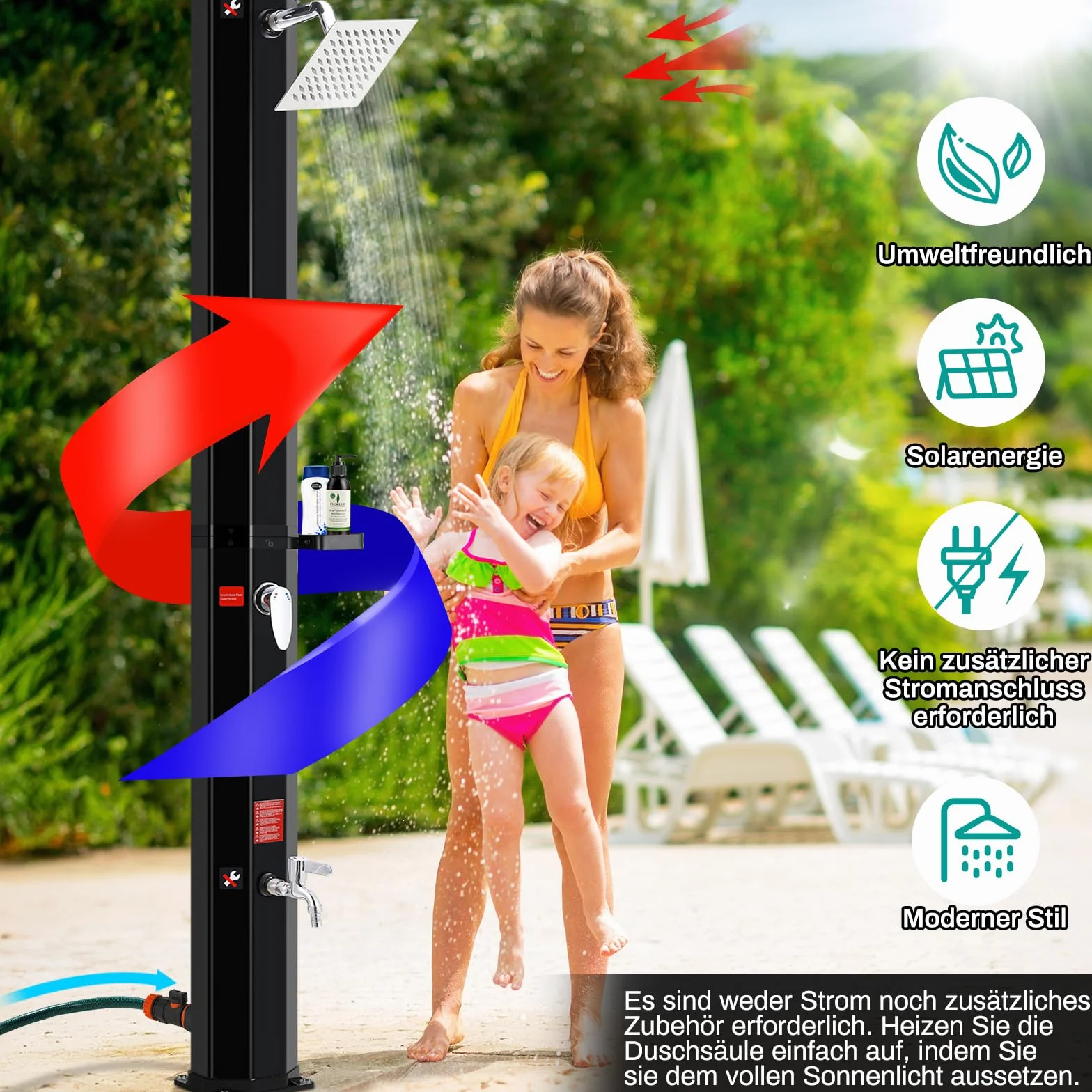 Douche Solaire 60L avec Pommeau et Robinet, Jusqu'à 60° sans Raccordement Électrique pour Piscine