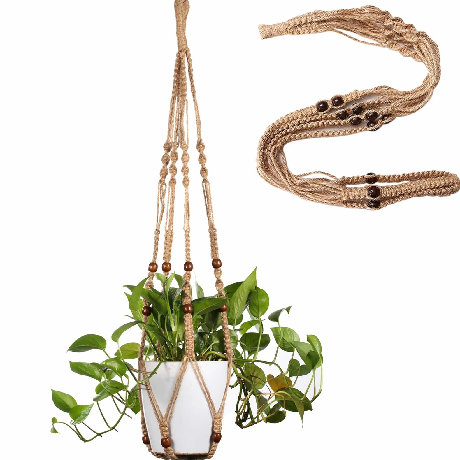 Macramé Support Pots Suspension Plante avec Perles 89cm