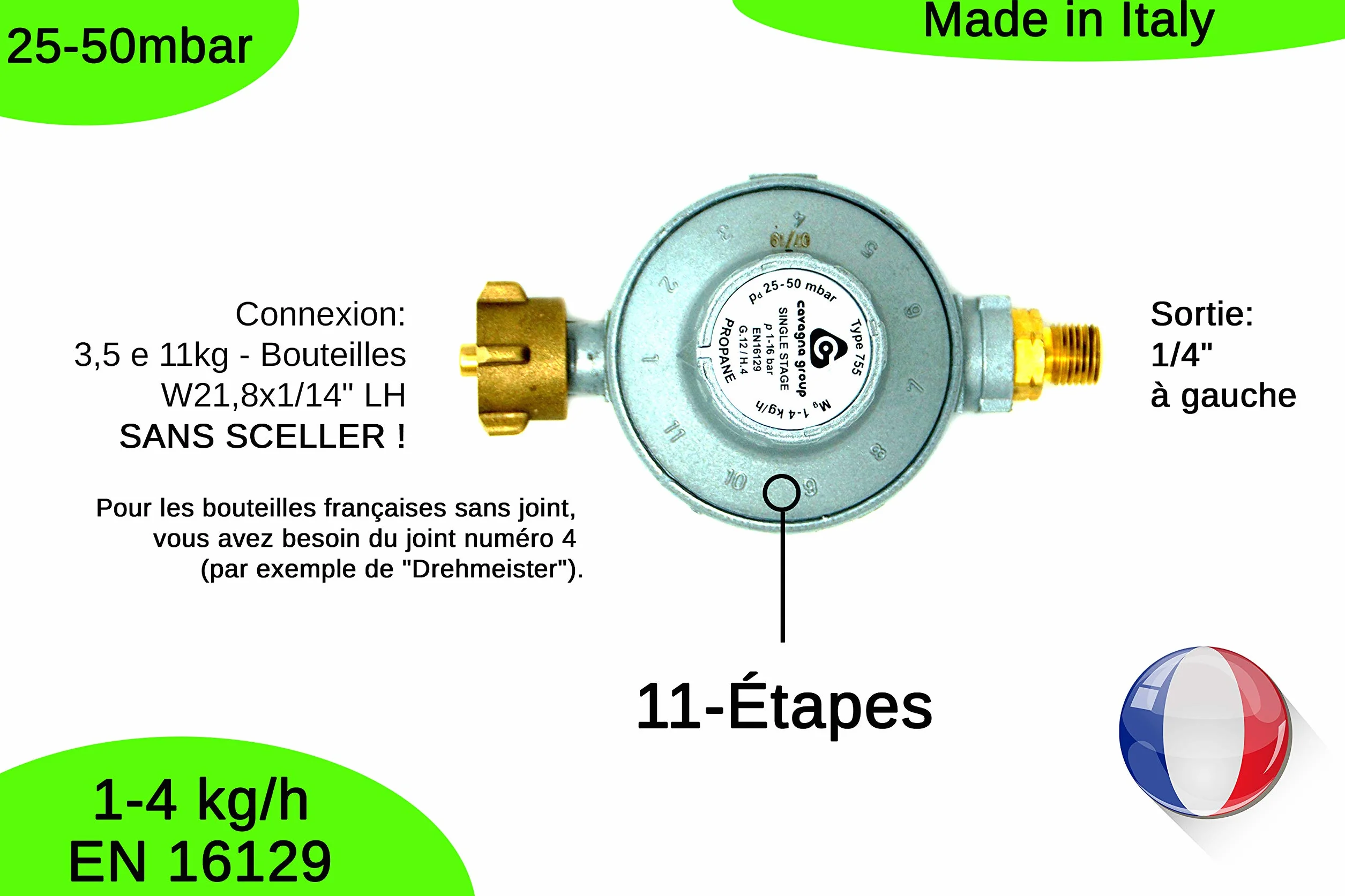 Cavagna Régulateur Basse Pression 25-50mbar réglable 11 Niveaux pour Gaz